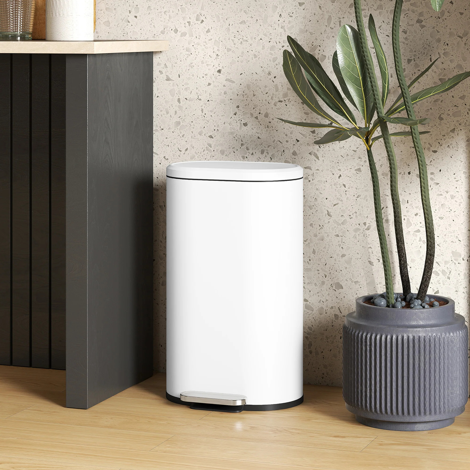 30L Kitchen Bin with 90° Stay-Open Lid, Slim Rectangular Pedal Bin with Soft-Close Lid, Removable Inner Bucket for Home Office, Fingerprint-Resistant, White - Image 4