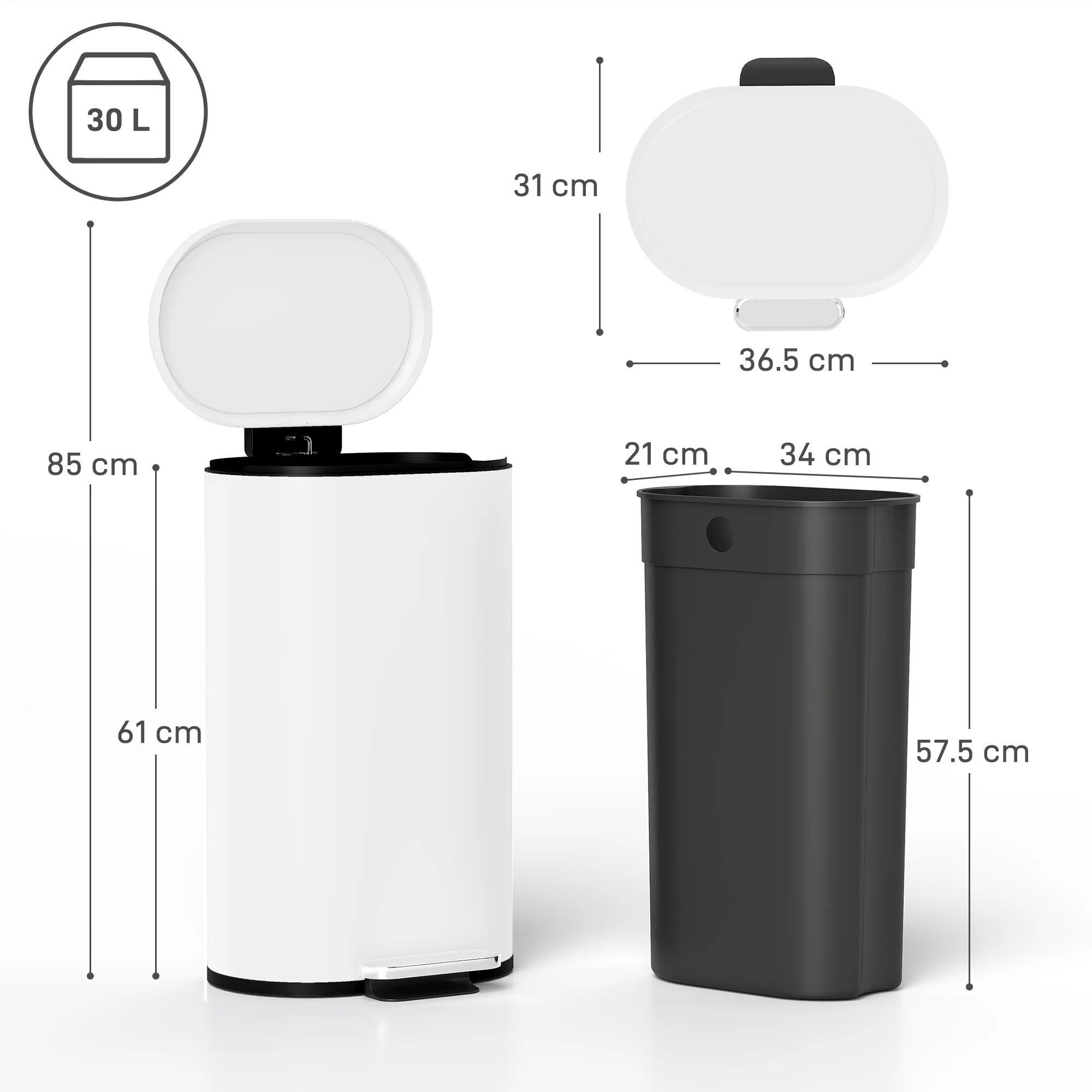 30L Kitchen Bin with 90° Stay-Open Lid, Slim Rectangular Pedal Bin with Soft-Close Lid, Removable Inner Bucket for Home Office, Fingerprint-Resistant, White - Image 5