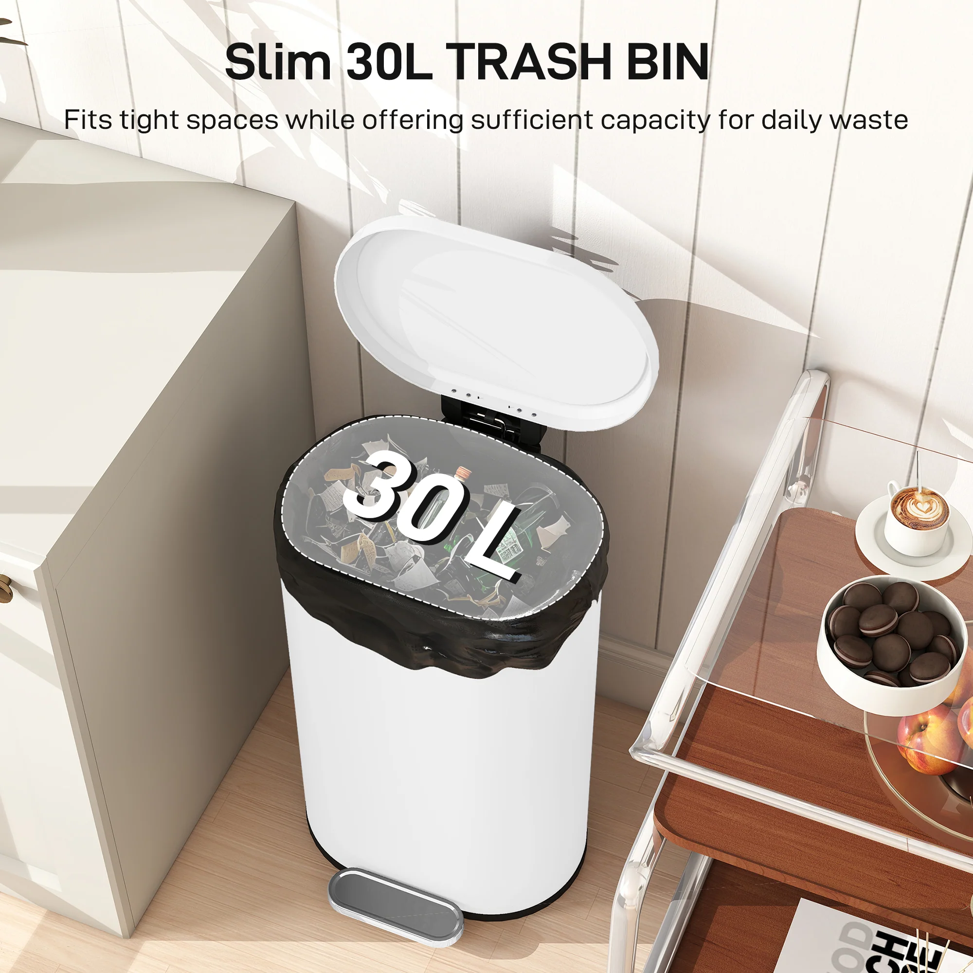 30L Kitchen Bin with 90° Stay-Open Lid, Slim Rectangular Pedal Bin with Soft-Close Lid, Removable Inner Bucket for Home Office, Fingerprint-Resistant, White - Image 6