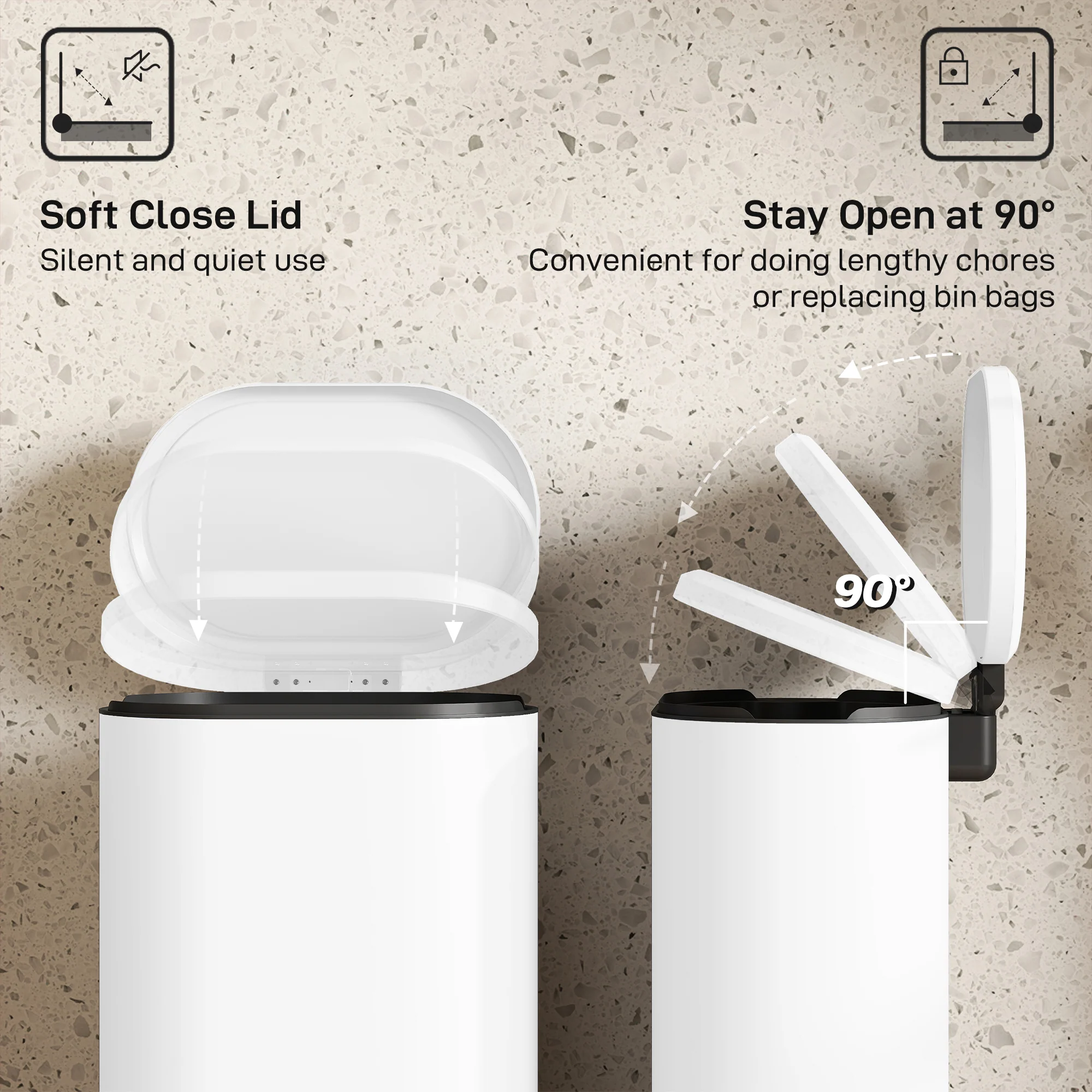 30L Kitchen Bin with 90° Stay-Open Lid, Slim Rectangular Pedal Bin with Soft-Close Lid, Removable Inner Bucket for Home Office, Fingerprint-Resistant, White - Image 7