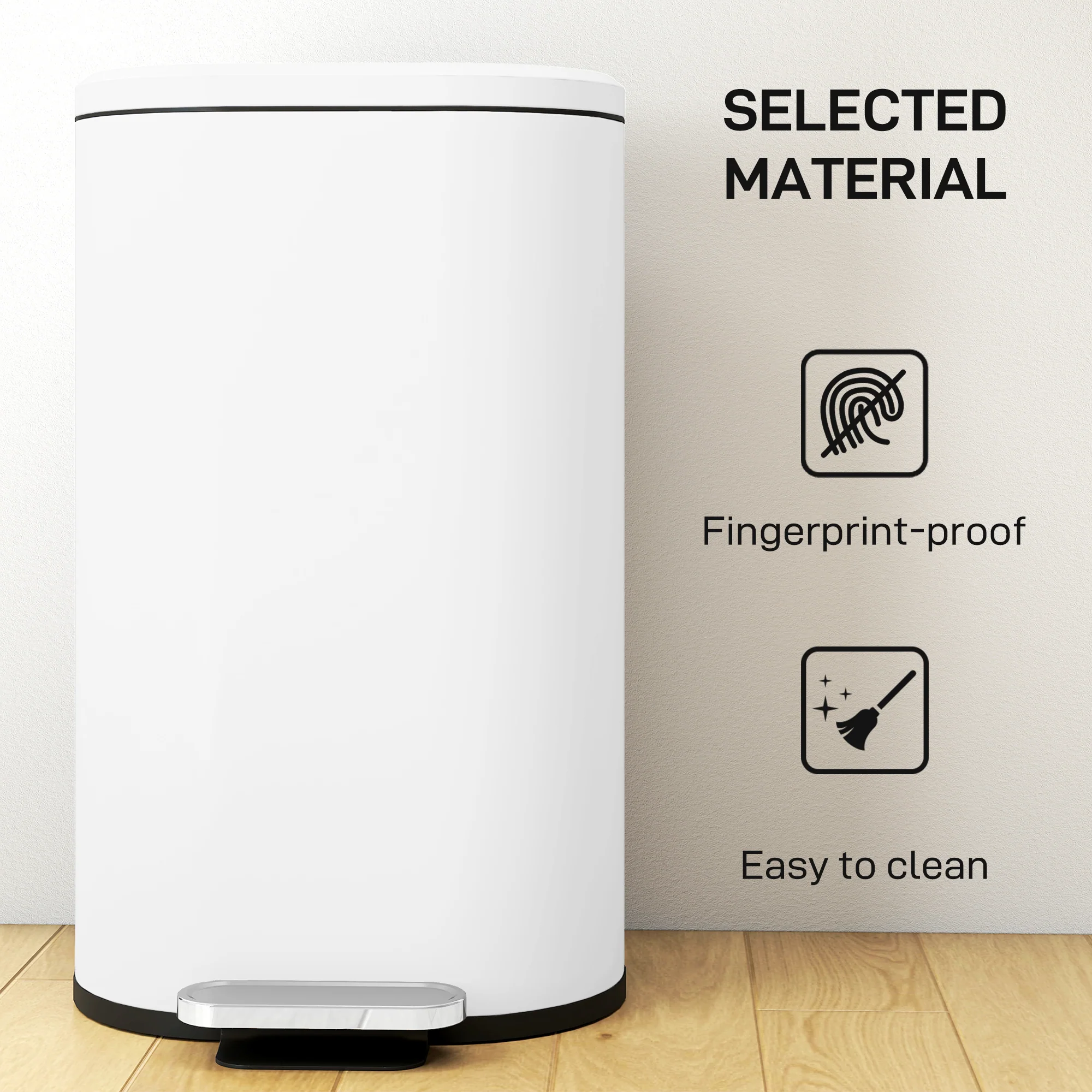 30L Kitchen Bin with 90° Stay-Open Lid, Slim Rectangular Pedal Bin with Soft-Close Lid, Removable Inner Bucket for Home Office, Fingerprint-Resistant, White - Image 8