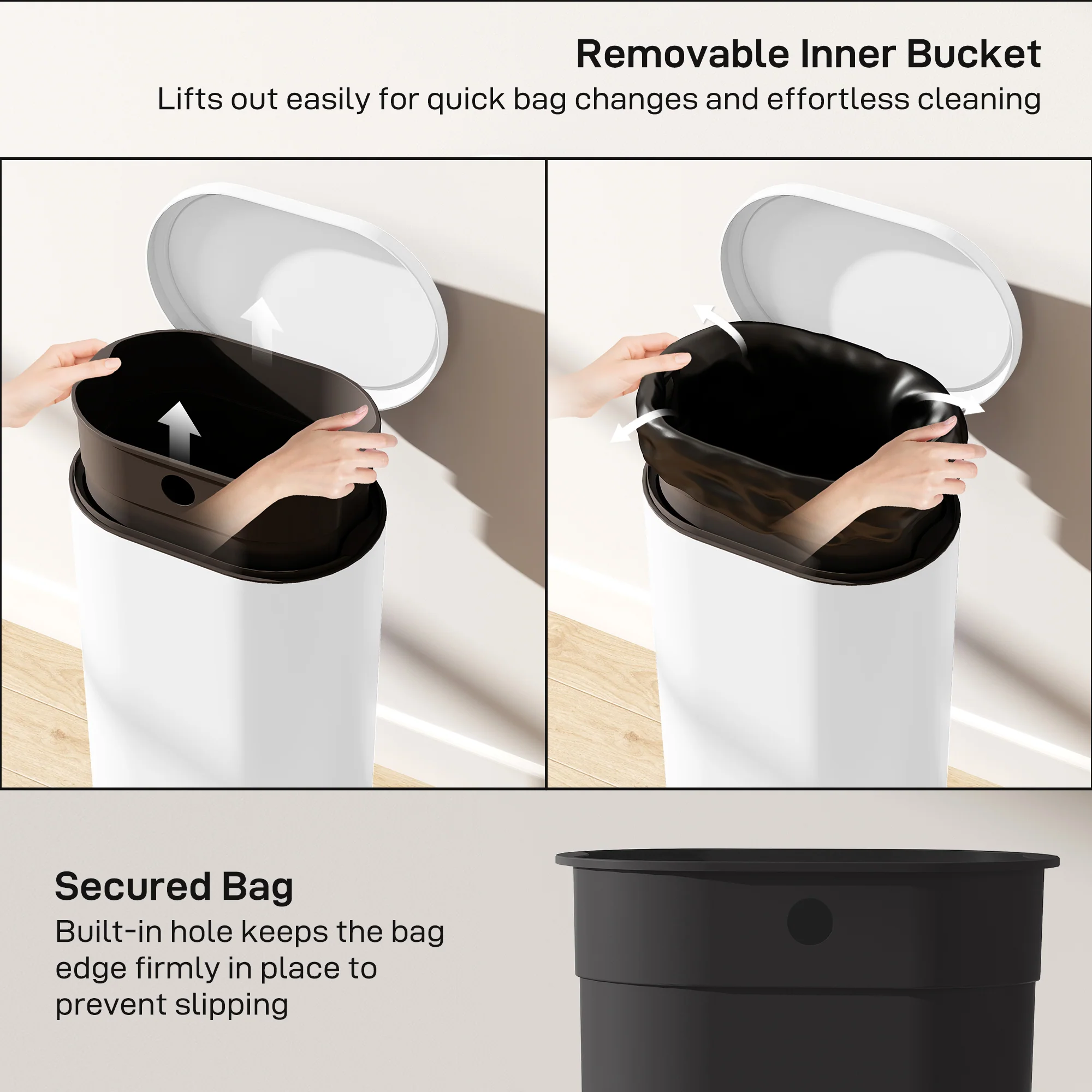 30L Kitchen Bin with 90° Stay-Open Lid, Slim Rectangular Pedal Bin with Soft-Close Lid, Removable Inner Bucket for Home Office, Fingerprint-Resistant, White - Image 9