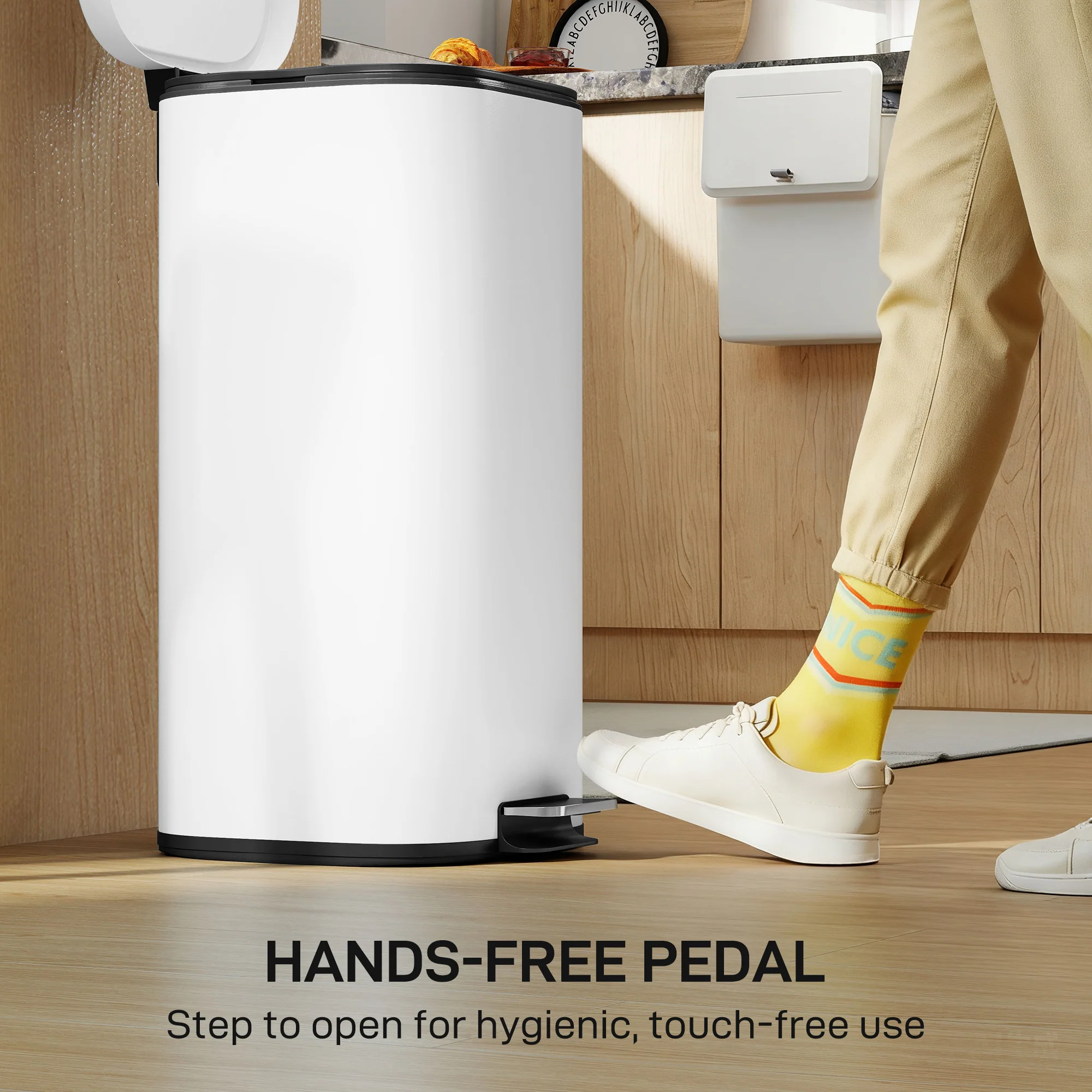 30L Kitchen Bin with Lid, Compact Pedal Bin with Soft-Close and Stay-Open Lid, Removable Inner Bucket, Fingerprint-Resistant for Kitchen, Home, Office, Bedroom, White - Image 10