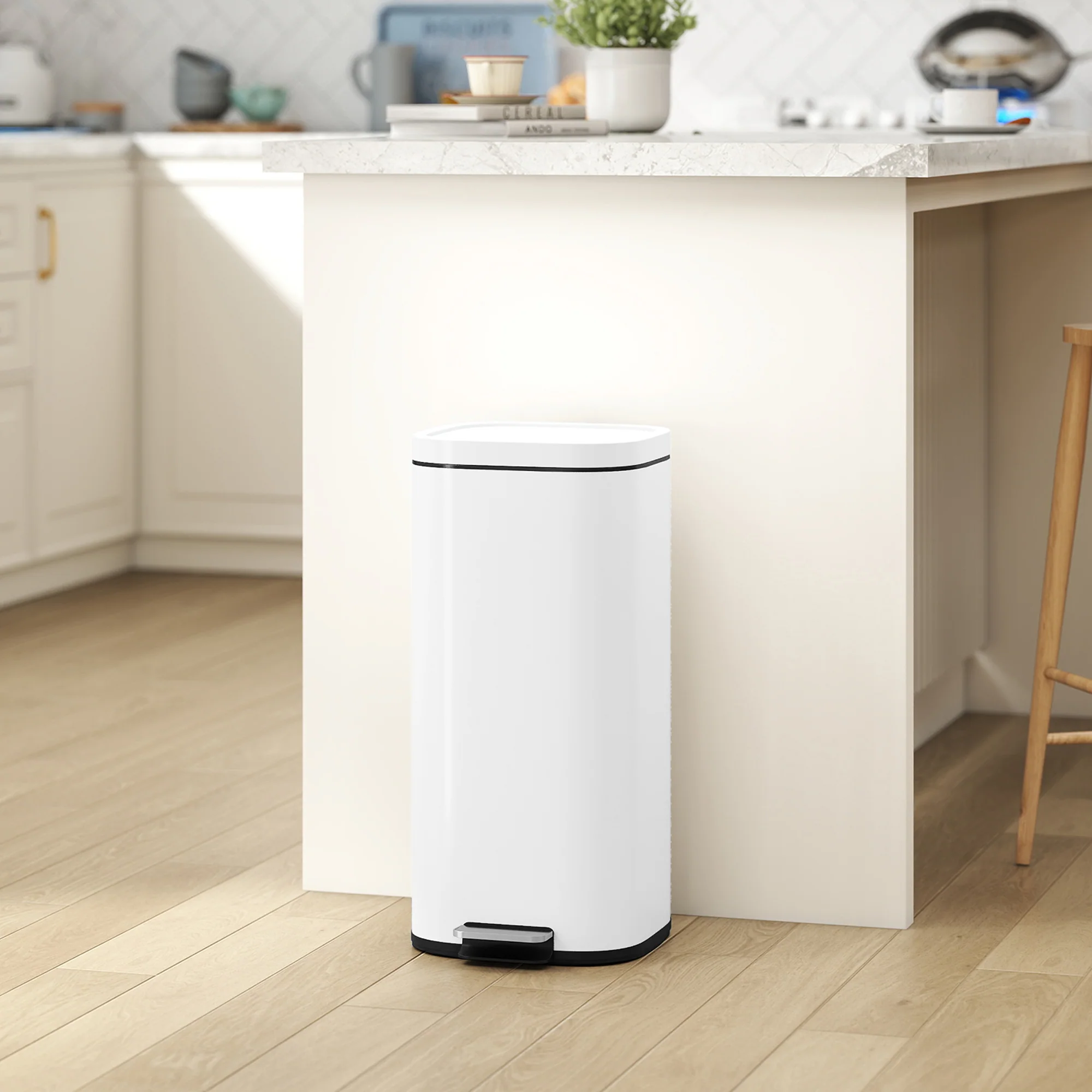 30L Kitchen Bin with Lid, Compact Pedal Bin with Soft-Close and Stay-Open Lid, Removable Inner Bucket, Fingerprint-Resistant for Kitchen, Home, Office, Bedroom, White - Image 3