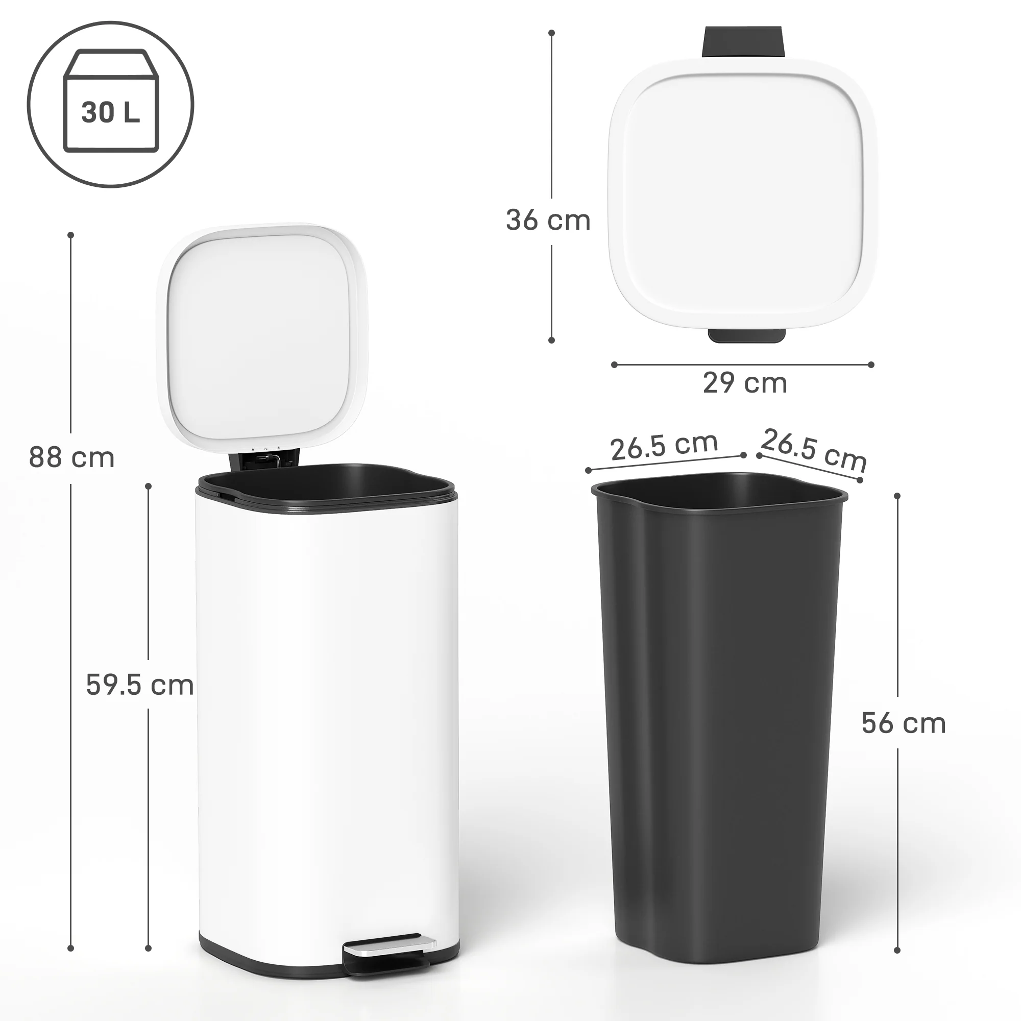 30L Kitchen Bin with Lid, Compact Pedal Bin with Soft-Close and Stay-Open Lid, Removable Inner Bucket, Fingerprint-Resistant for Kitchen, Home, Office, Bedroom, White - Image 5