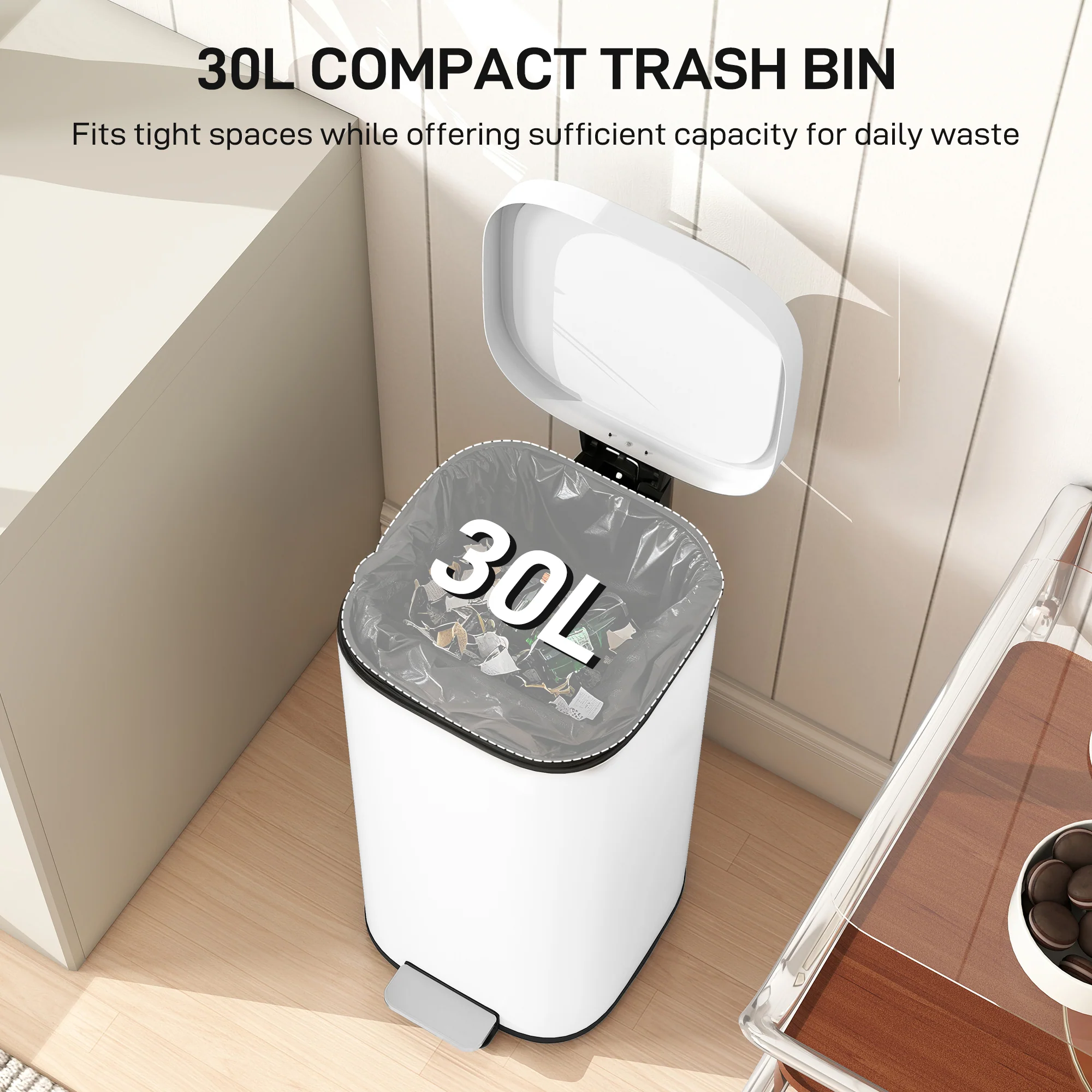 30L Kitchen Bin with Lid, Compact Pedal Bin with Soft-Close and Stay-Open Lid, Removable Inner Bucket, Fingerprint-Resistant for Kitchen, Home, Office, Bedroom, White - Image 6
