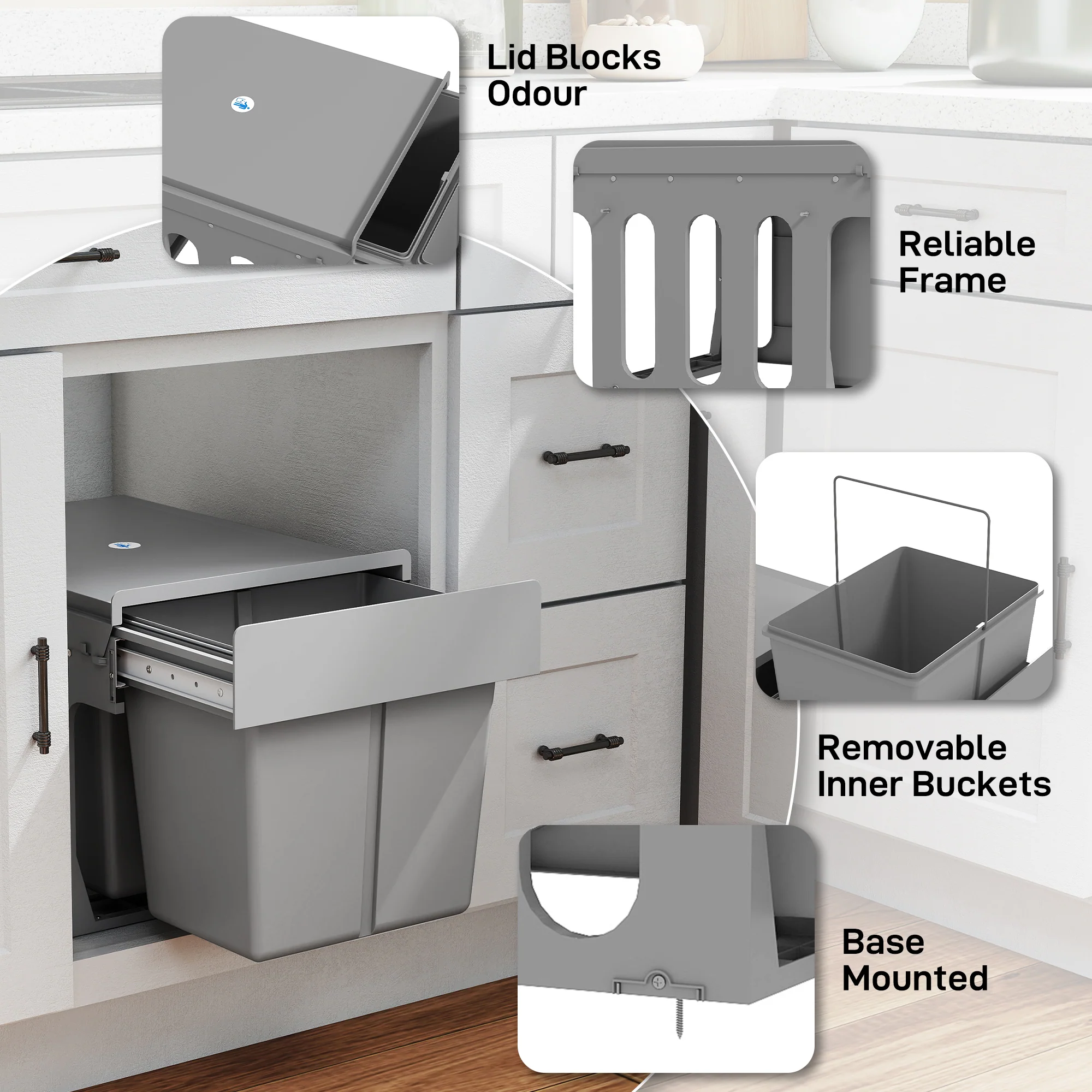 30L Pull Out Bin - 2 Compartments (15L Each), Soft Close Under Sink Bin with Removable Buckets for 400mm Cabinets, Kitchen Waste and Recycling, Base Mounted, Light Grey - Image 10