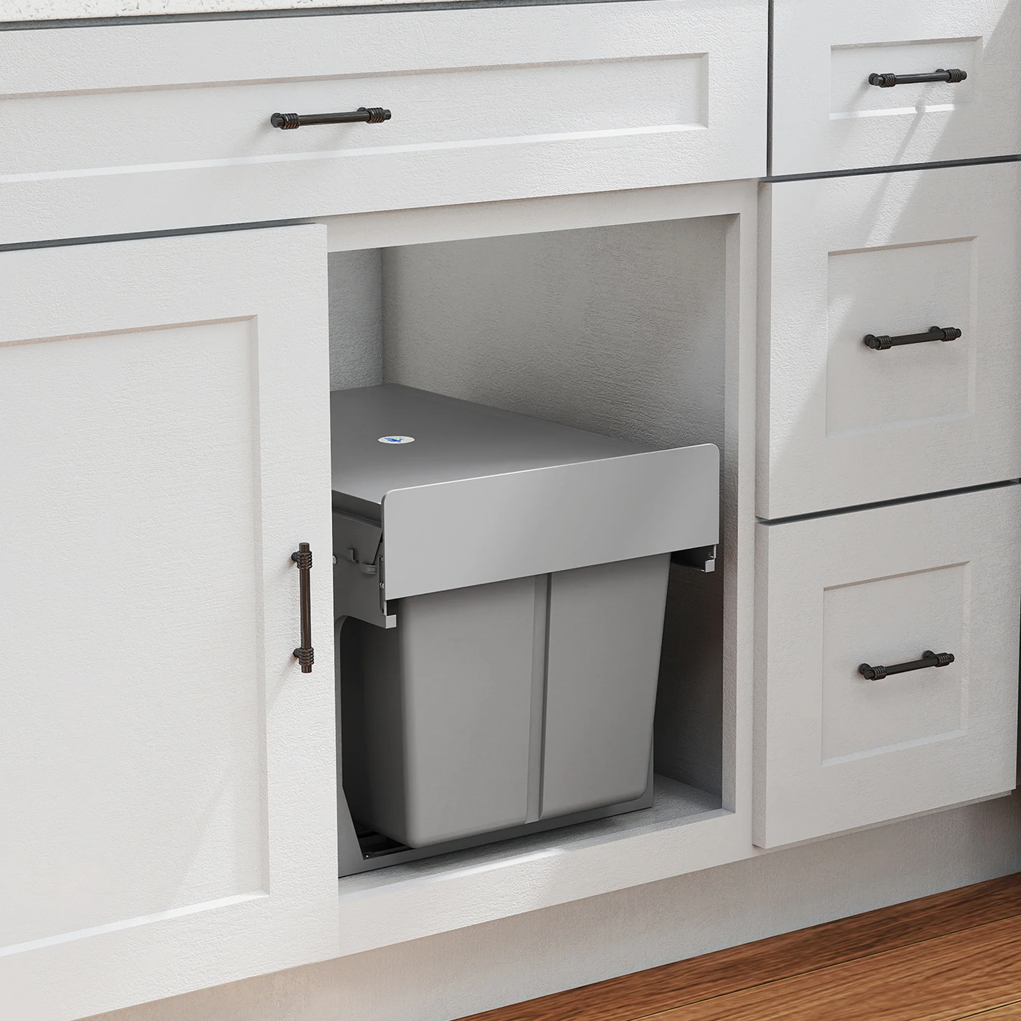 30L Pull Out Bin - 2 Compartments (15L Each), Soft Close Under Sink Bin with Removable Buckets for 400mm Cabinets, Kitchen Waste and Recycling, Base Mounted, Light Grey - Image 4