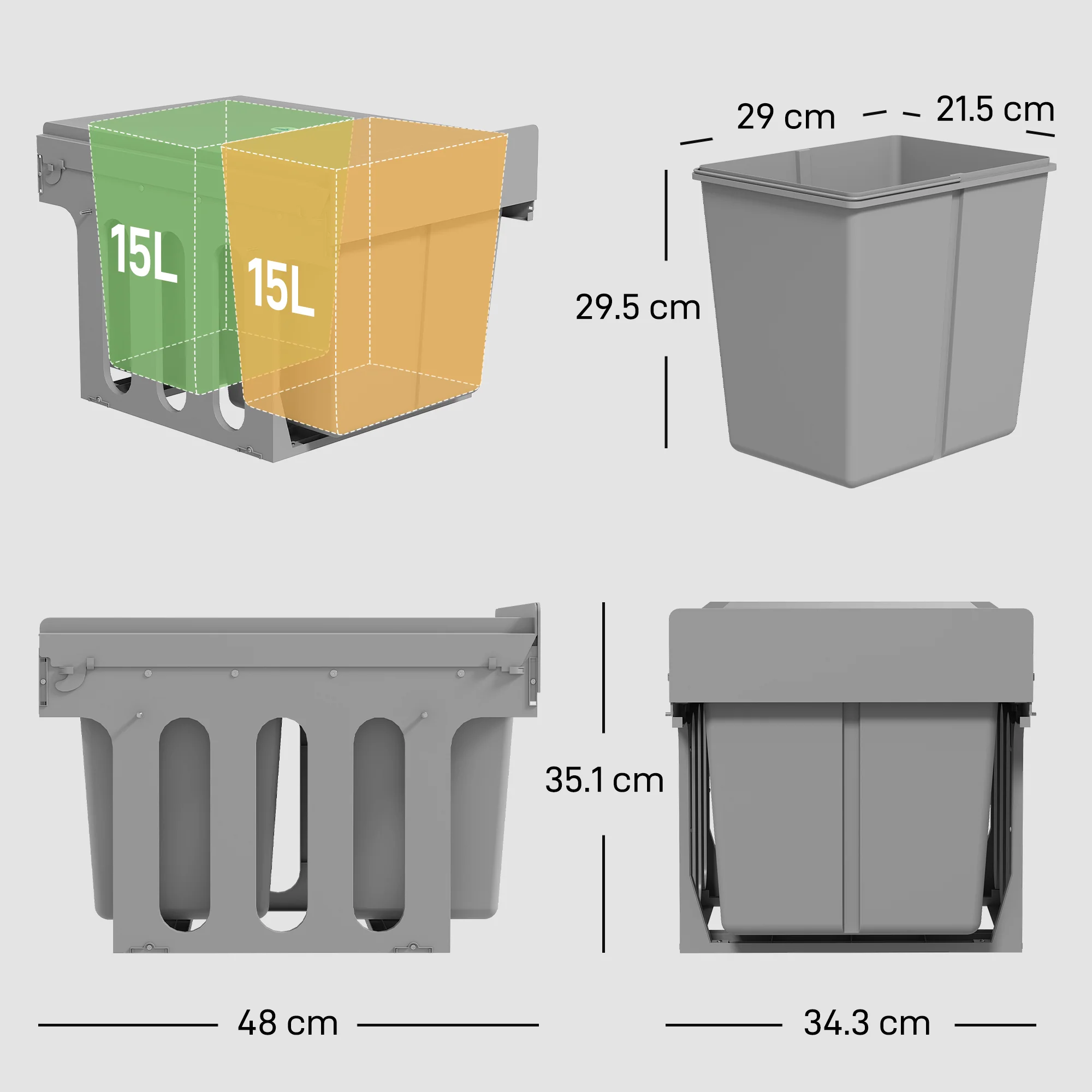 30L Pull Out Bin - 2 Compartments (15L Each), Soft Close Under Sink Bin with Removable Buckets for 400mm Cabinets, Kitchen Waste and Recycling, Base Mounted, Light Grey - Image 5