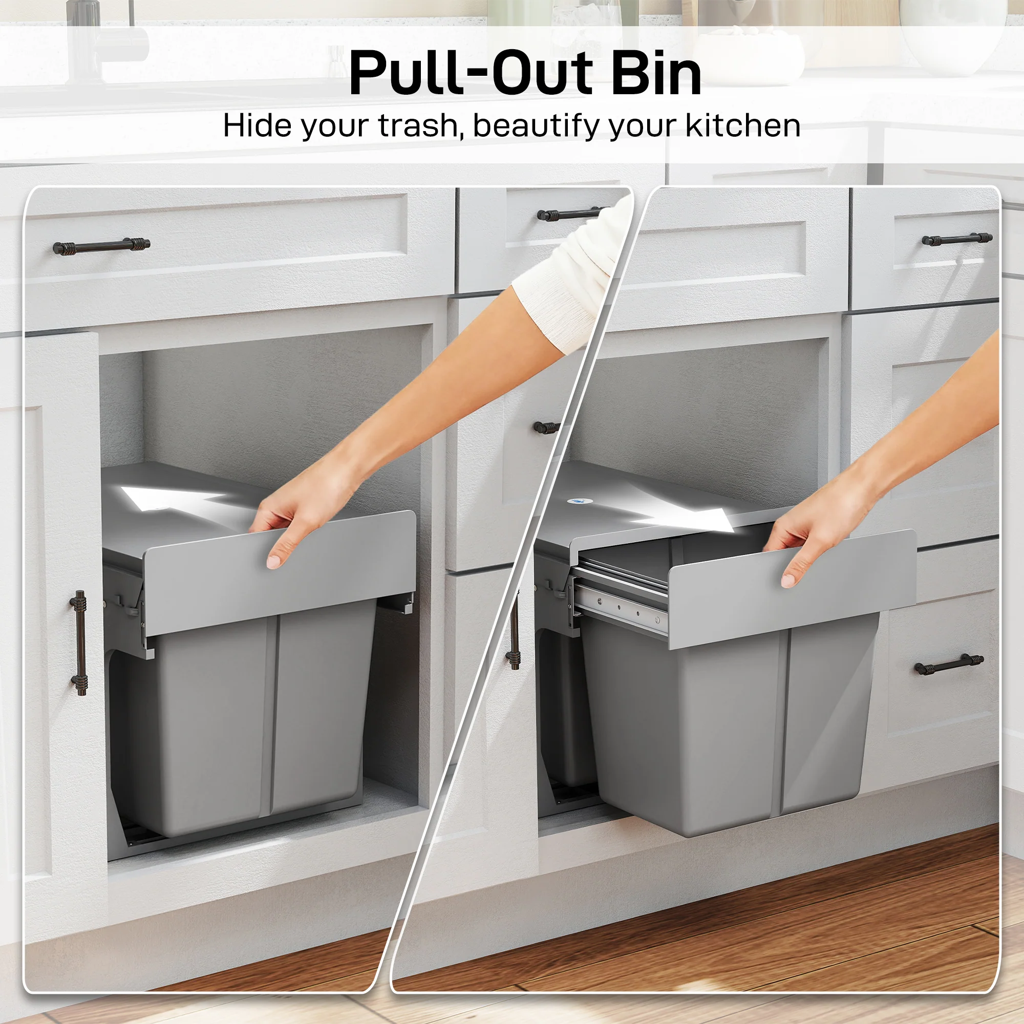 30L Pull Out Bin - 2 Compartments (15L Each), Soft Close Under Sink Bin with Removable Buckets for 400mm Cabinets, Kitchen Waste and Recycling, Base Mounted, Light Grey - Image 6