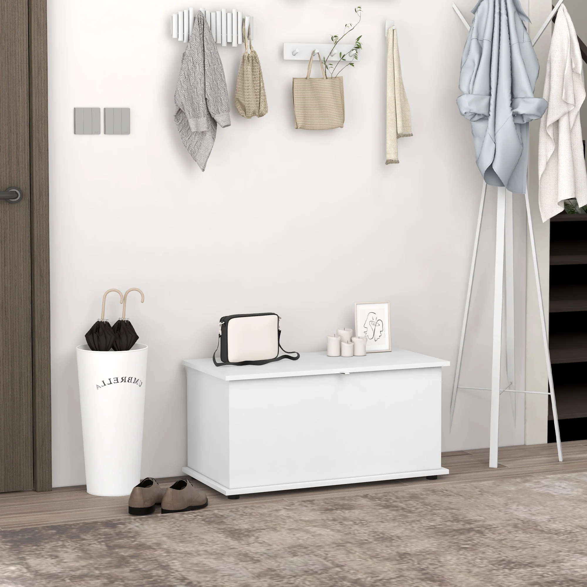 31.5" Lift Top Storage Chest Organizer with 2 Safety Hinges & Flip-Top Lid, White - Image 3