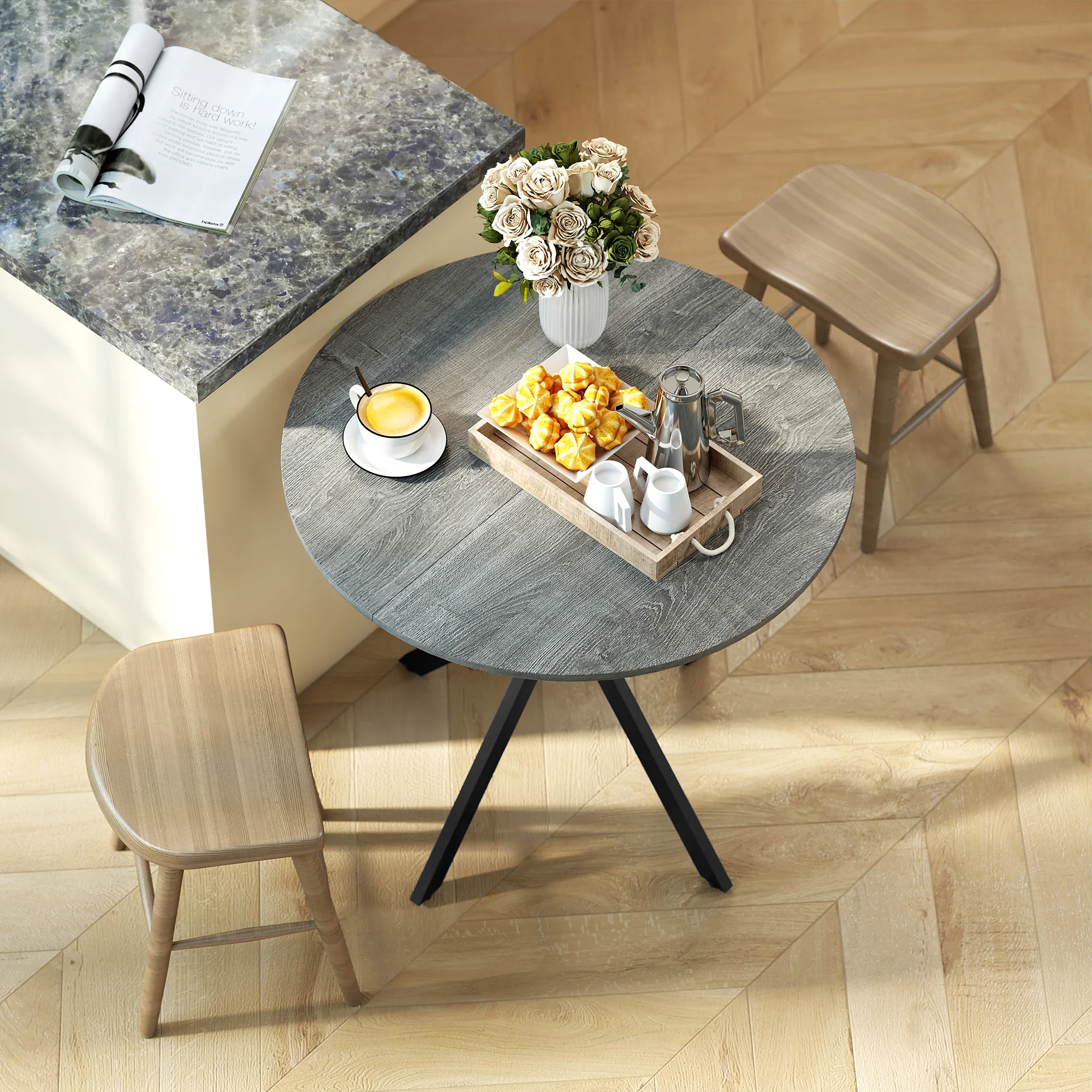 31.5" Round Dining Table, Industrial Kitchen Table with Cross Steel Legs for Dining Room, Kitchen, Living Room, Distressed Grey - Image 11