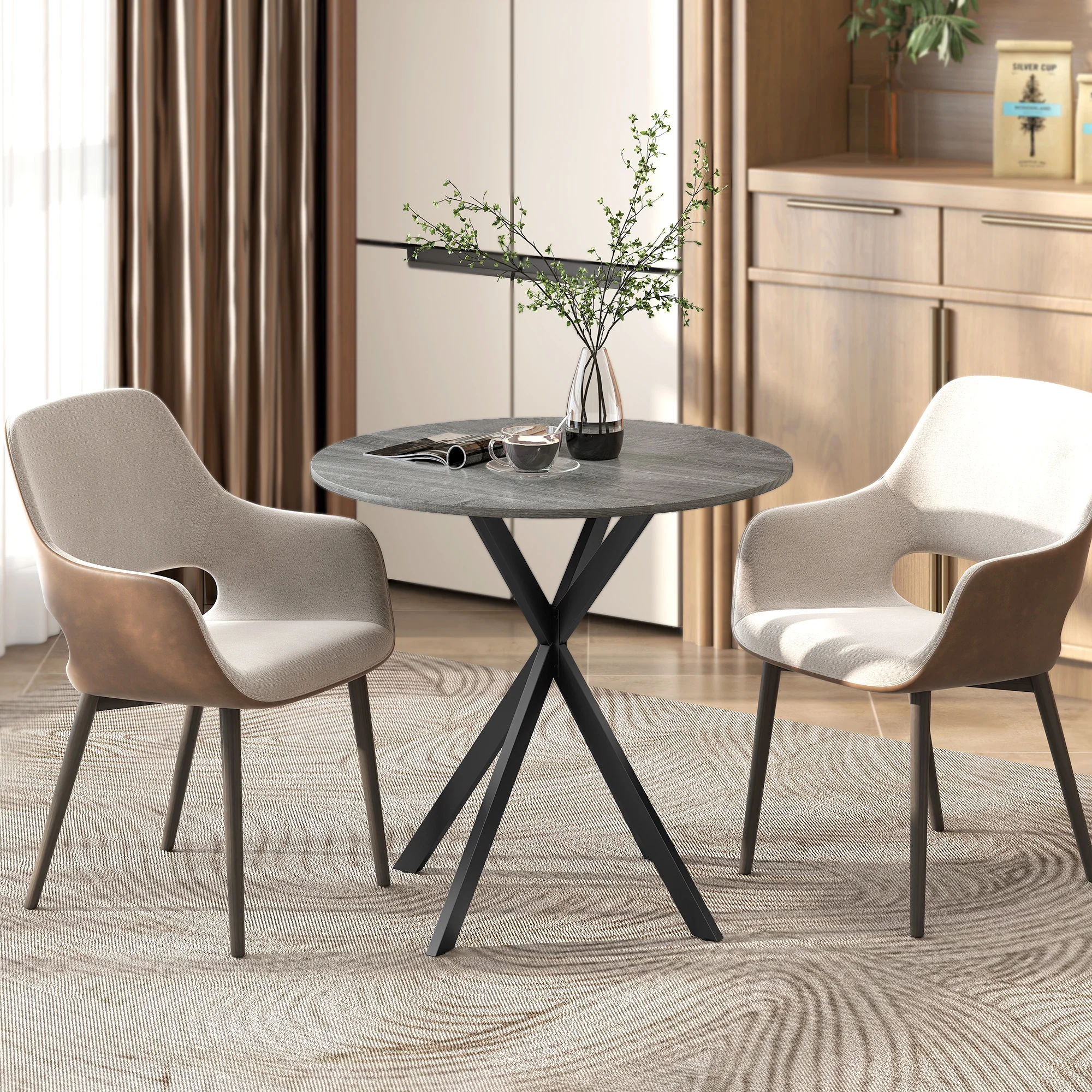 31.5" Round Dining Table, Industrial Kitchen Table with Cross Steel Legs for Dining Room, Kitchen, Living Room, Distressed Grey - Image 4