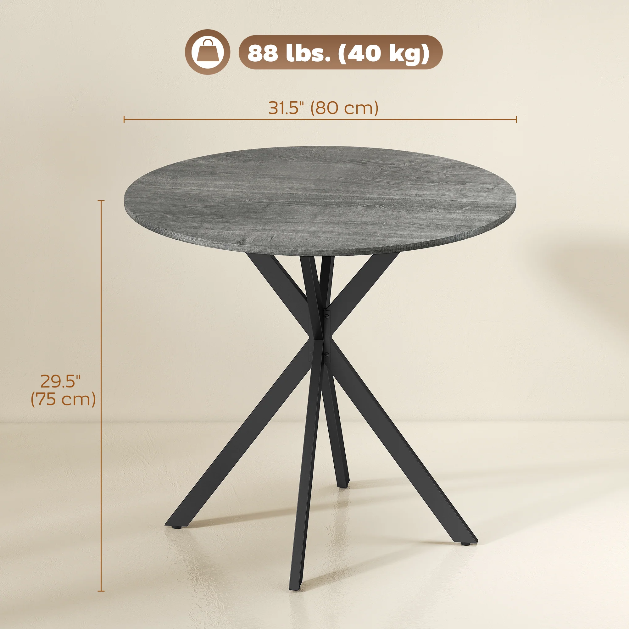 31.5" Round Dining Table, Industrial Kitchen Table with Cross Steel Legs for Dining Room, Kitchen, Living Room, Distressed Grey - Image 5