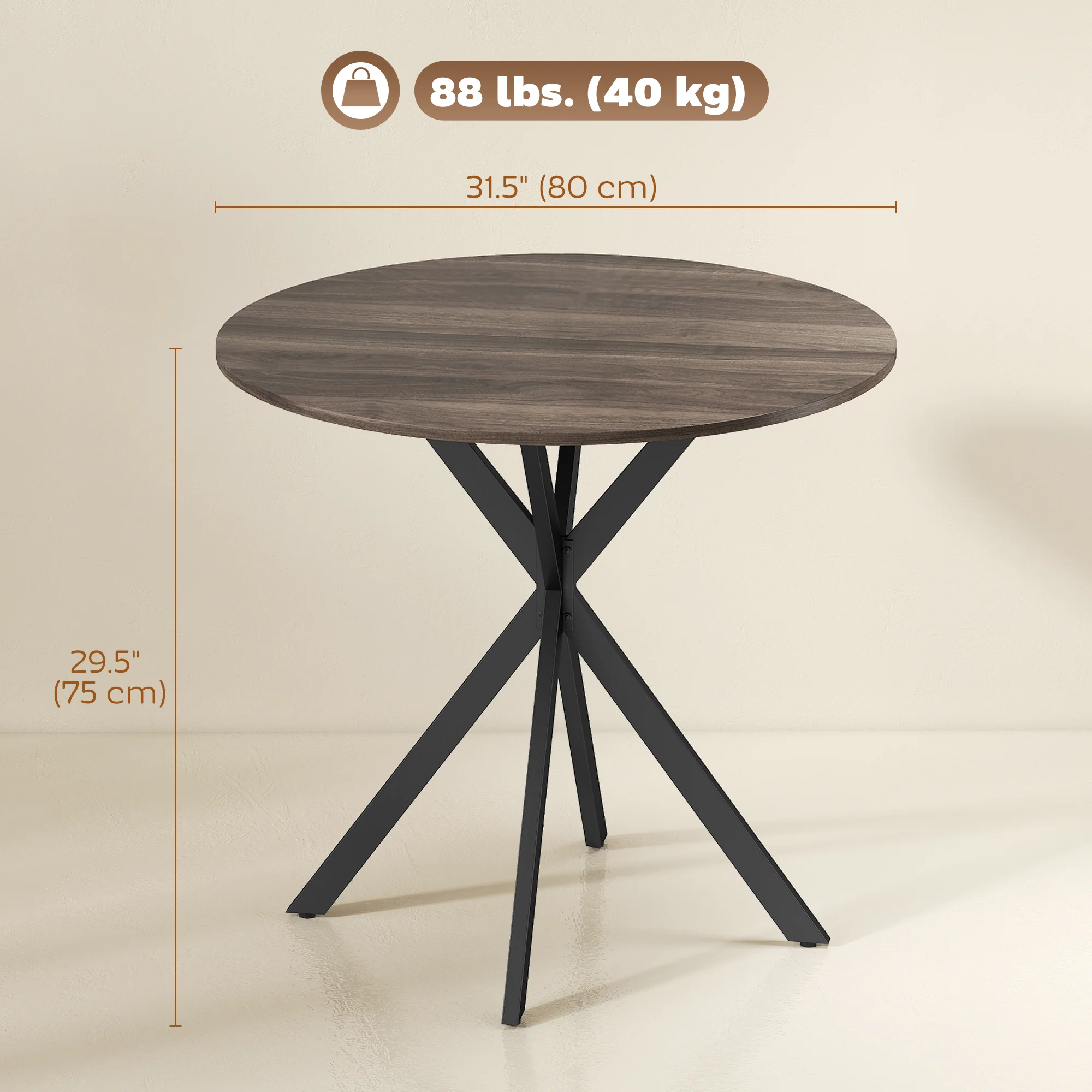 31.5" Round Dining Table, Industrial Kitchen Table with Cross Steel Legs for Dining Room, Kitchen, Living Room, Distressed Dark Brown - Image 5