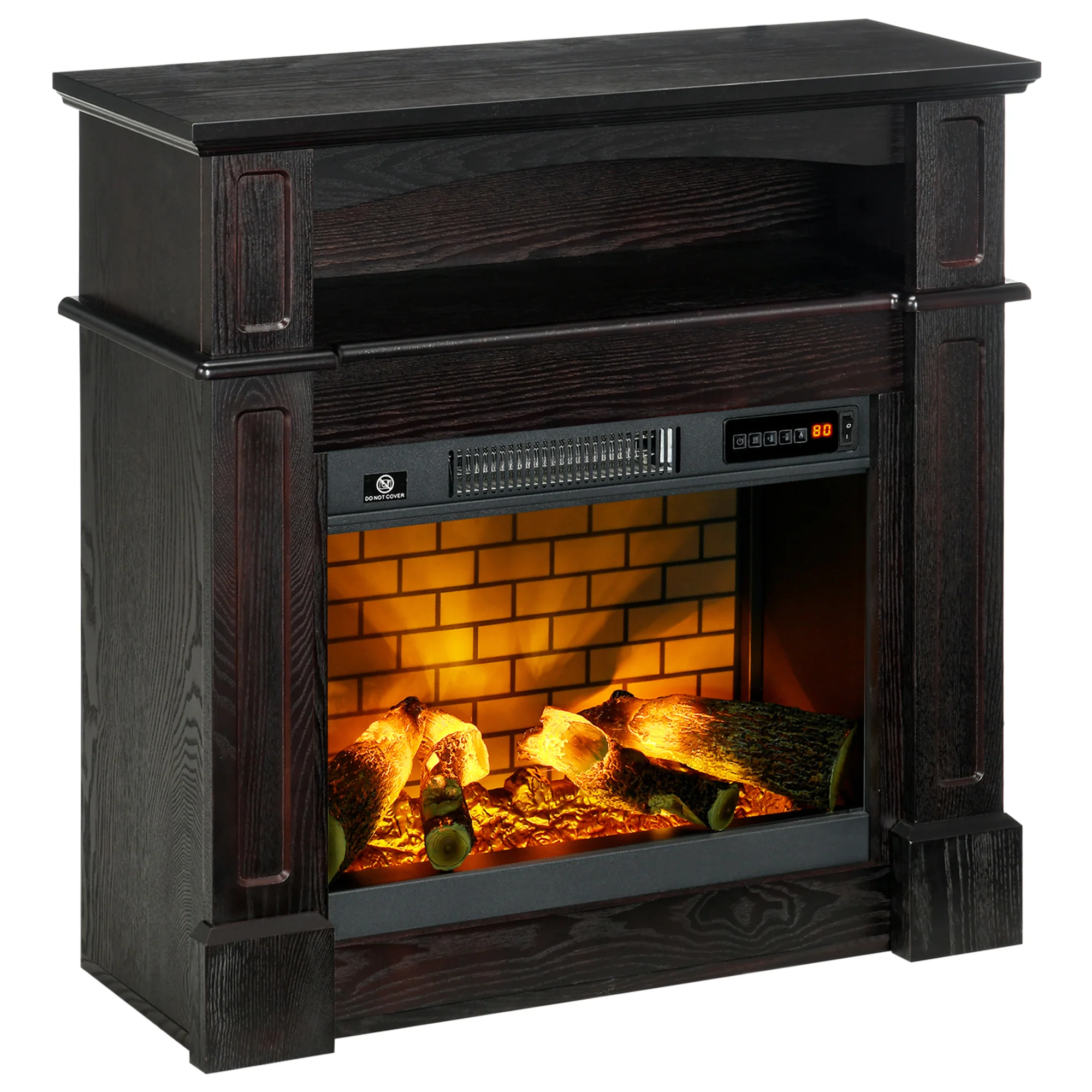 32" Electric Fireplace with LED Log Flame, Shelf and Remote Control, 1400W, Brown