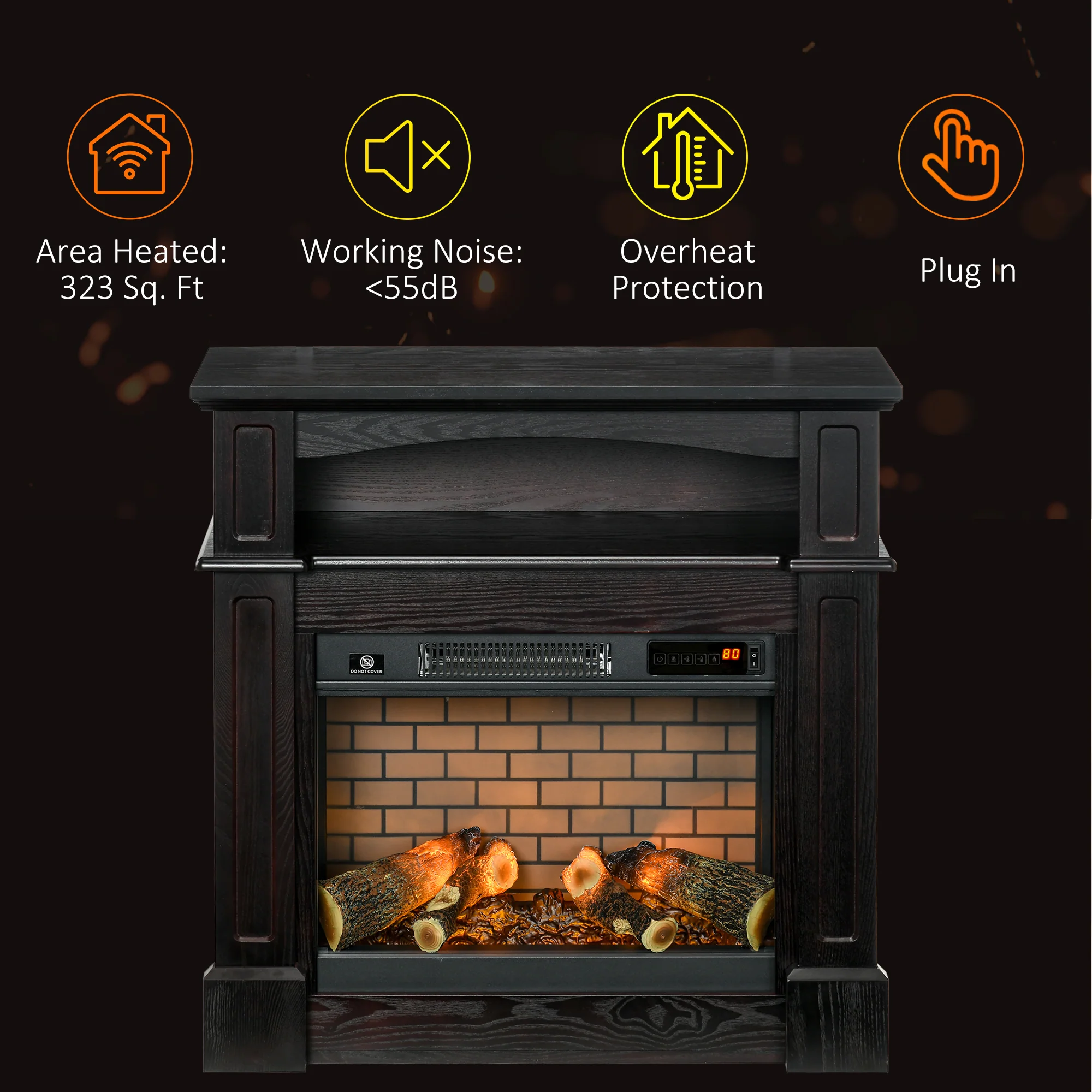 32" Electric Fireplace with LED Log Flame, Shelf and Remote Control, 1400W, Brown - Image 10