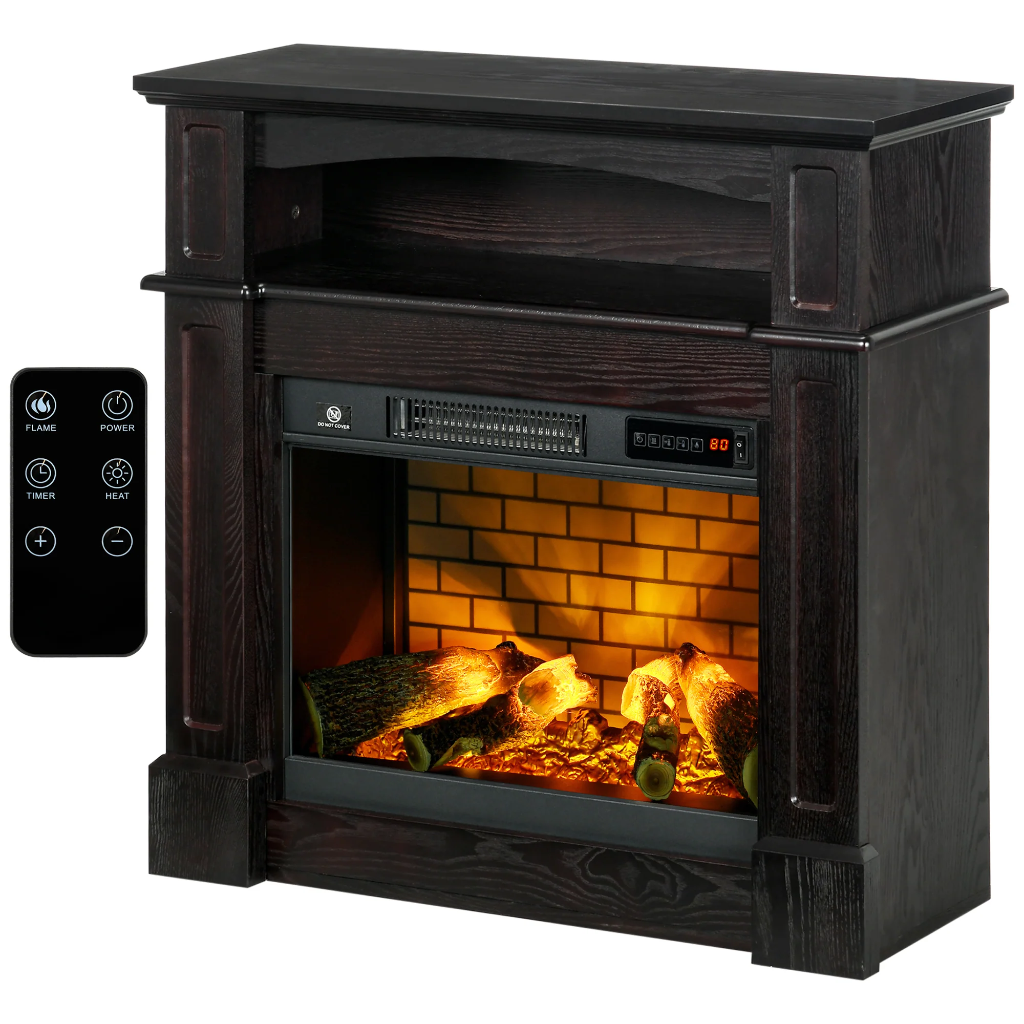32" Electric Fireplace with LED Log Flame, Shelf and Remote Control, 1400W, Brown - Image 2