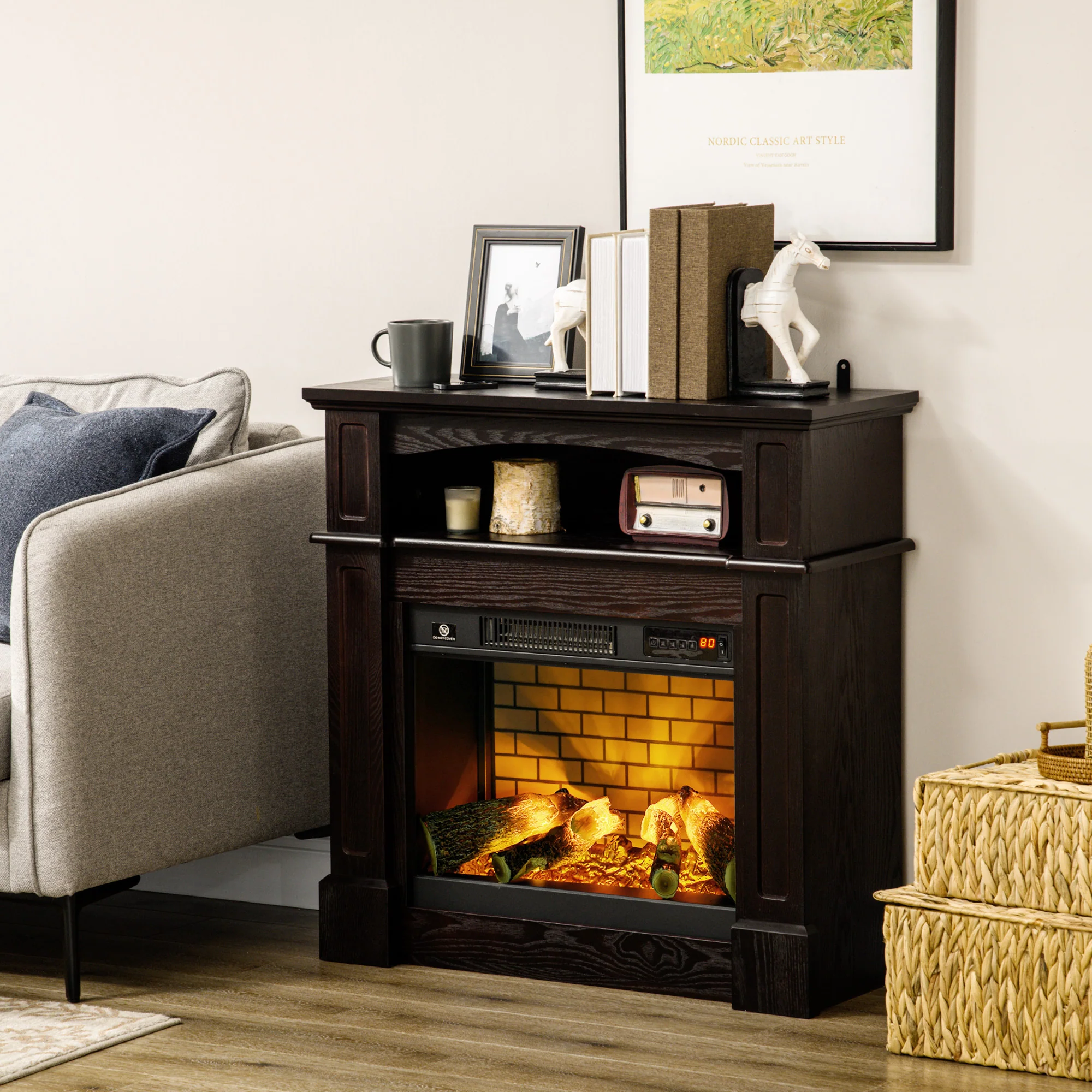 32" Electric Fireplace with LED Log Flame, Shelf and Remote Control, 1400W, Brown - Image 3