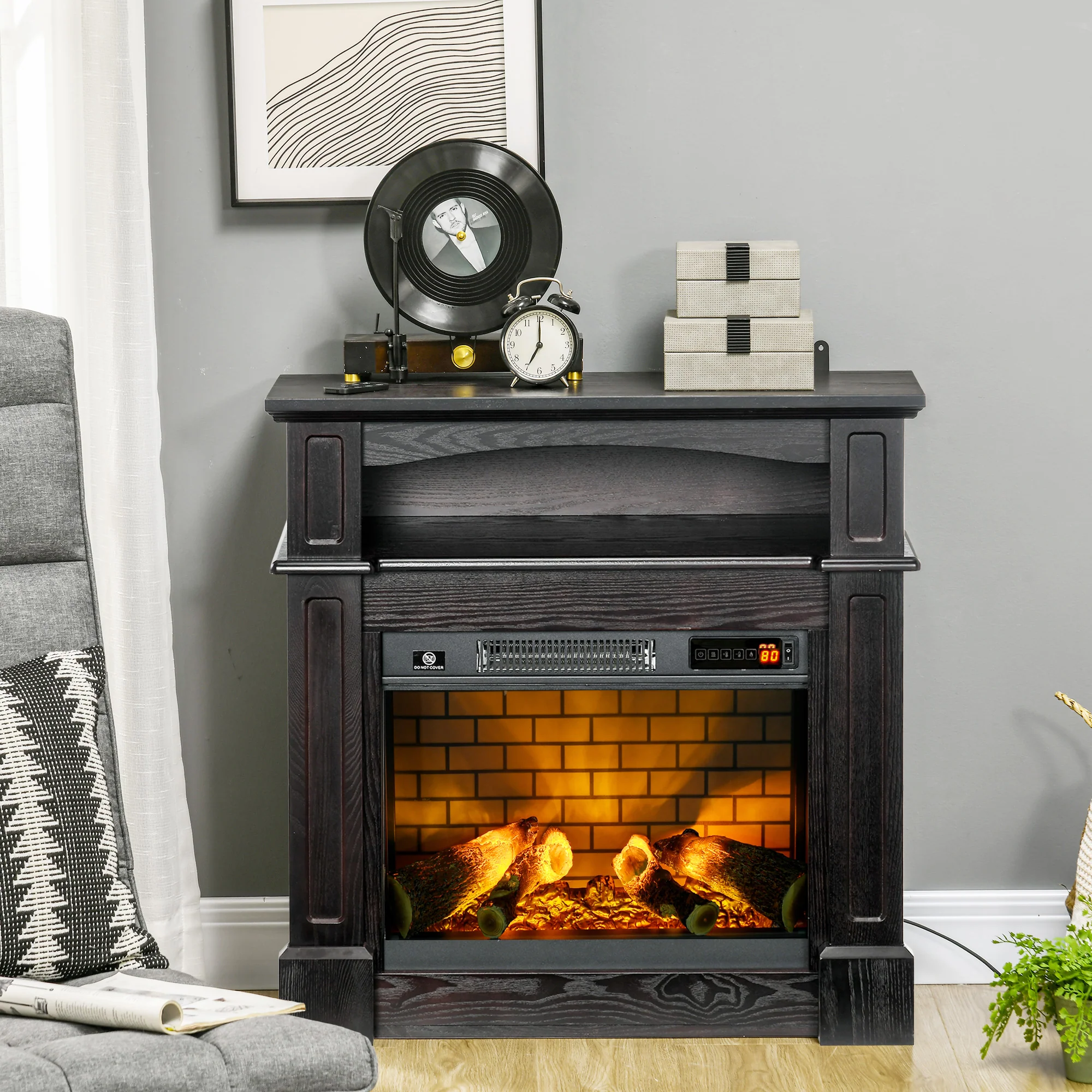 32" Electric Fireplace with LED Log Flame, Shelf and Remote Control, 1400W, Brown - Image 4