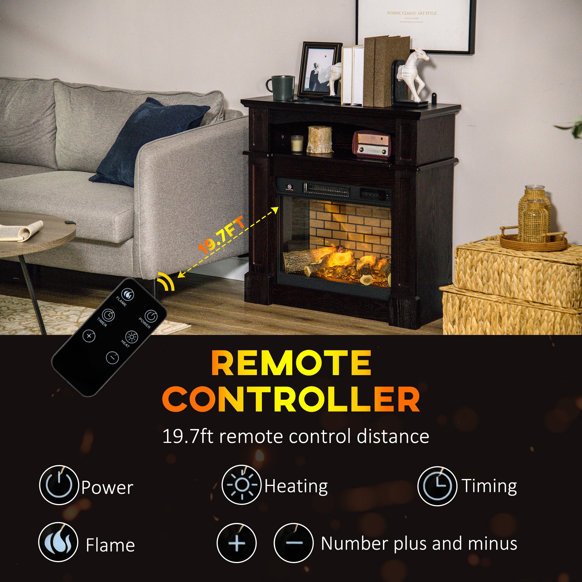 32" Electric Fireplace with LED Log Flame, Shelf and Remote Control, 1400W, Brown - Image 7