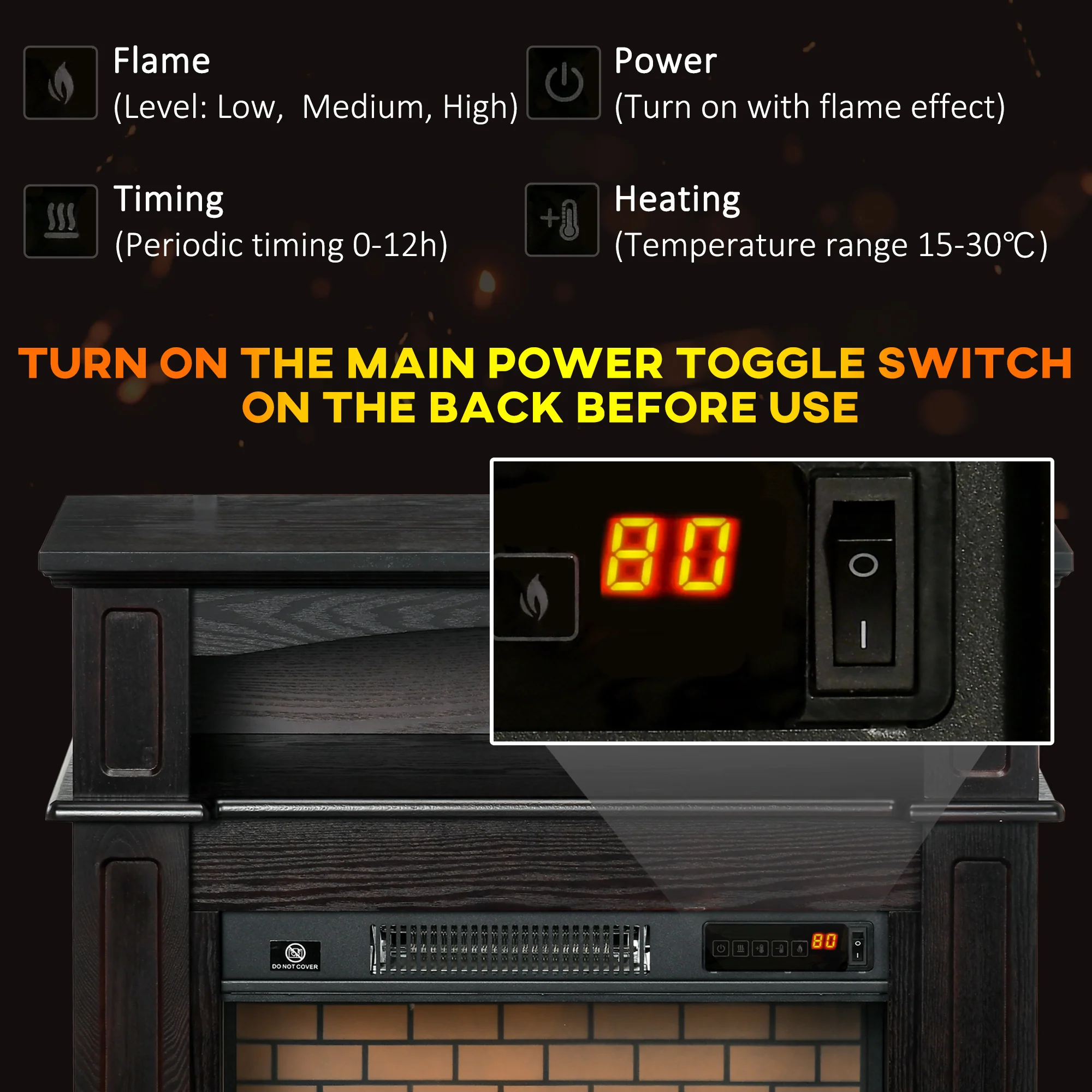 32" Electric Fireplace with LED Log Flame, Shelf and Remote Control, 1400W, Brown - Image 8