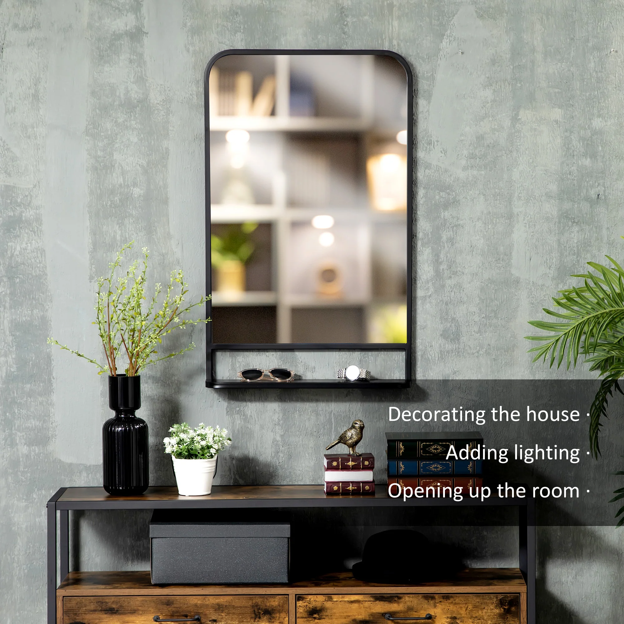 34" x 21" Rectangle Modern Wall Mirror with Storage Shelf for Living Room Bedroom Black - Image 6