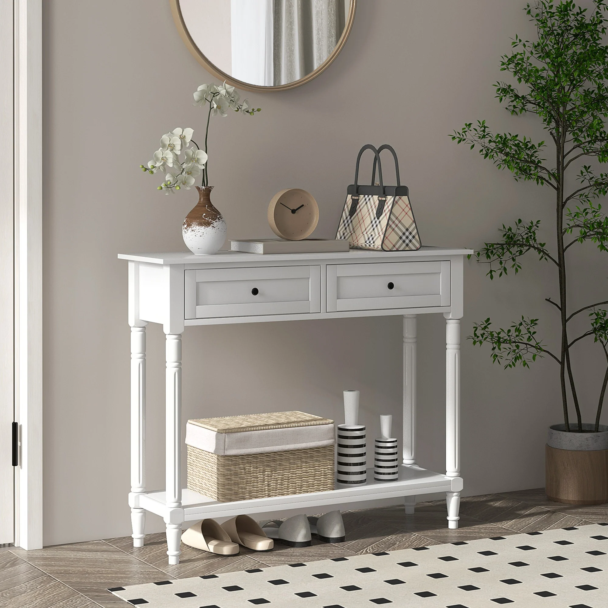 35.8" Console Table with Drawers, 2-Tier Entryway Table with Turned Legs & Shelf, White - Image 4