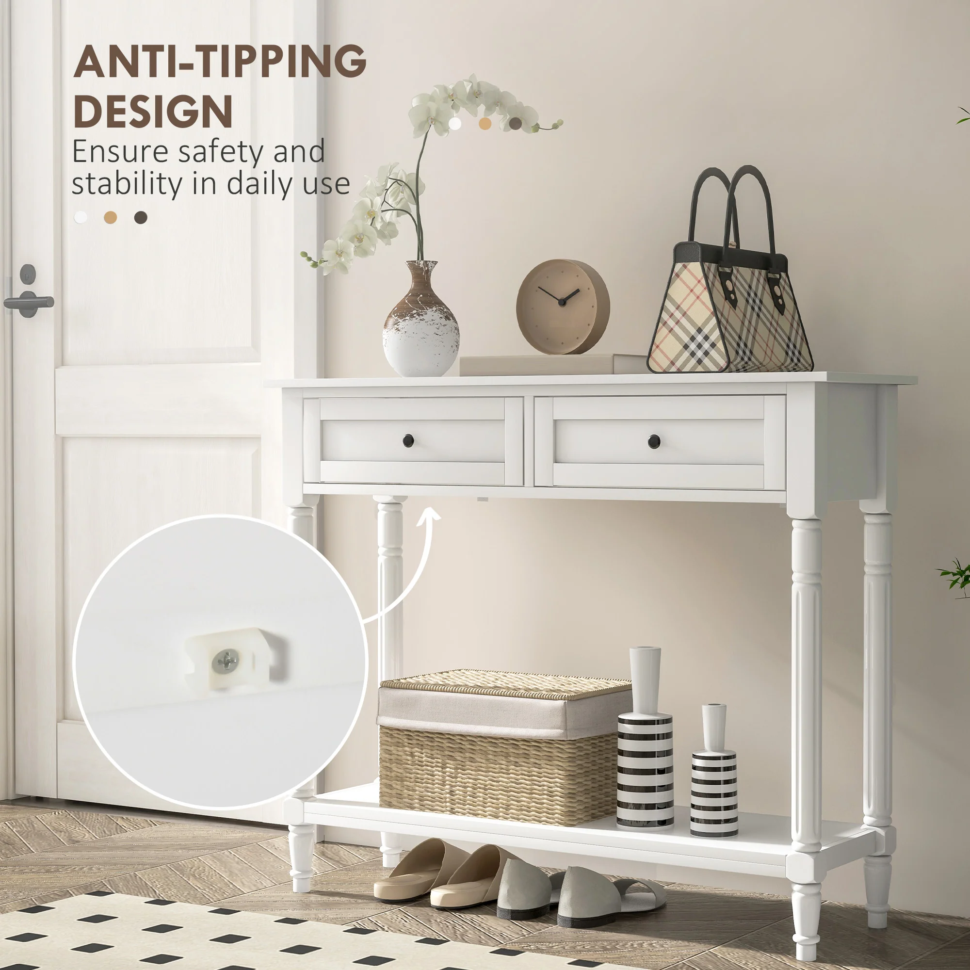35.8" Console Table with Drawers, 2-Tier Entryway Table with Turned Legs & Shelf, White - Image 8