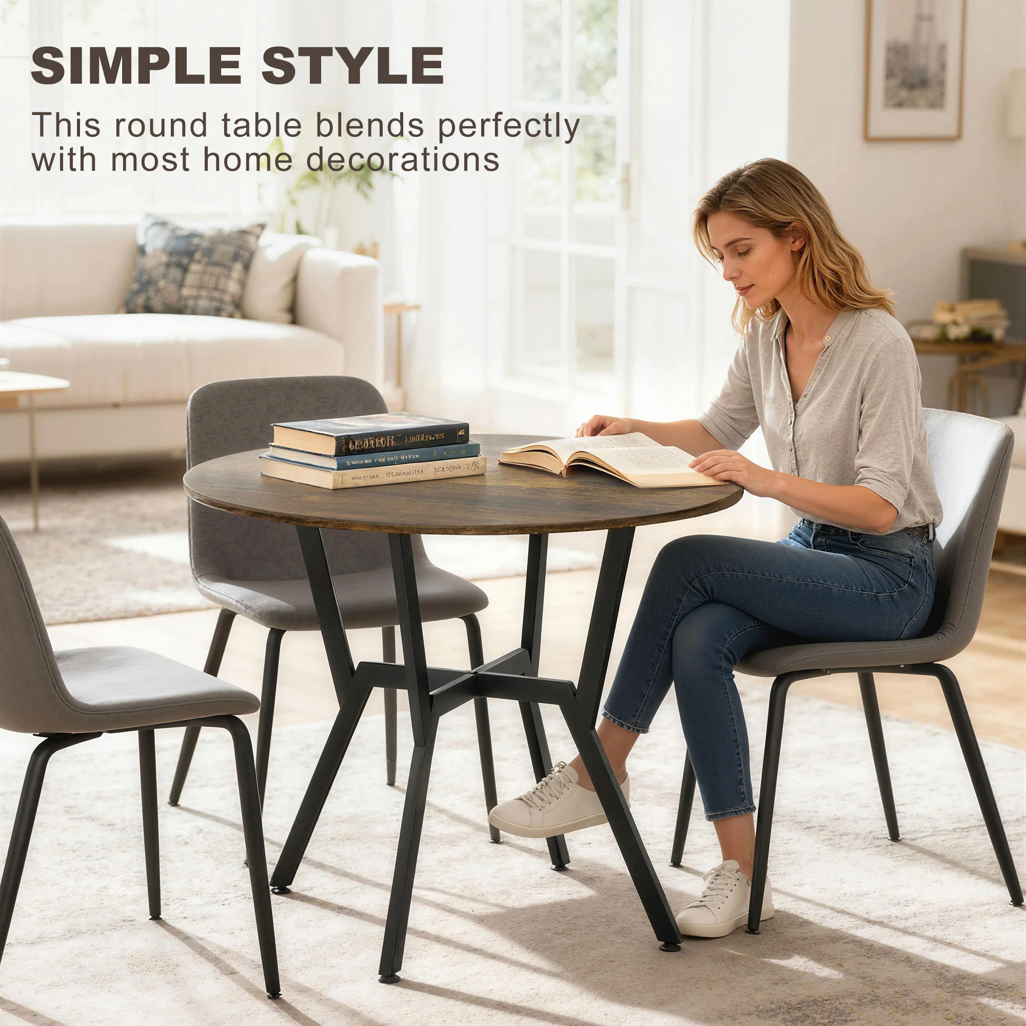 35" Round Dining Table for 2, Modern Kitchen Table with Steel Frame for Living Room, Dining Room, Rustic Brown - Image 6