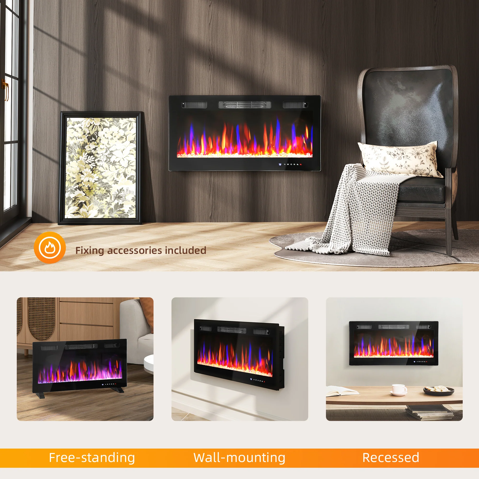 36" Thin Electric Fireplace, Freestanding, Recessed, Wall Mounted Fireplace Heater with Adjustable Flame and Thermostat, Eco Mode, Auto Switch, 12H Timer, Remote, 750/1500W - Image 11