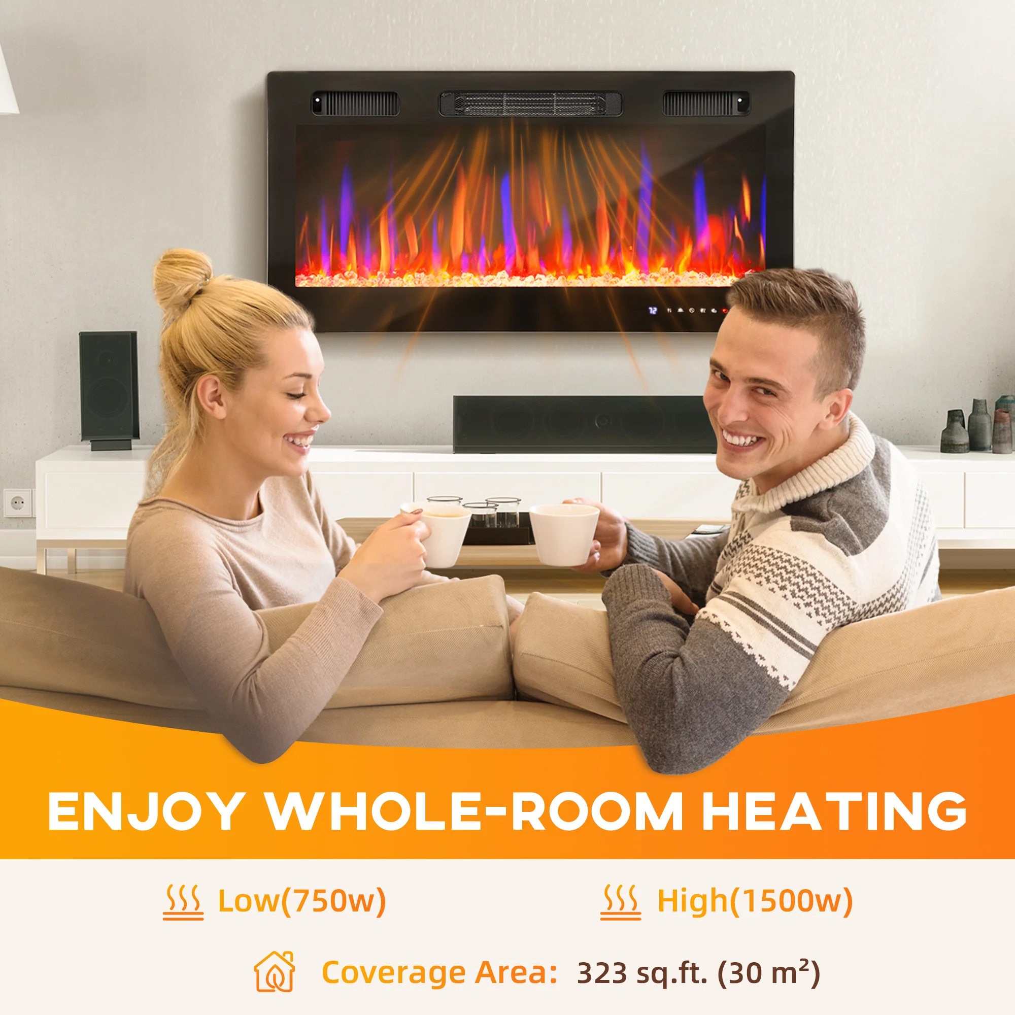 36" Thin Electric Fireplace, Freestanding, Recessed, Wall Mounted Fireplace Heater with Adjustable Flame and Thermostat, Eco Mode, Auto Switch, 12H Timer, Remote, 750/1500W - Image 9