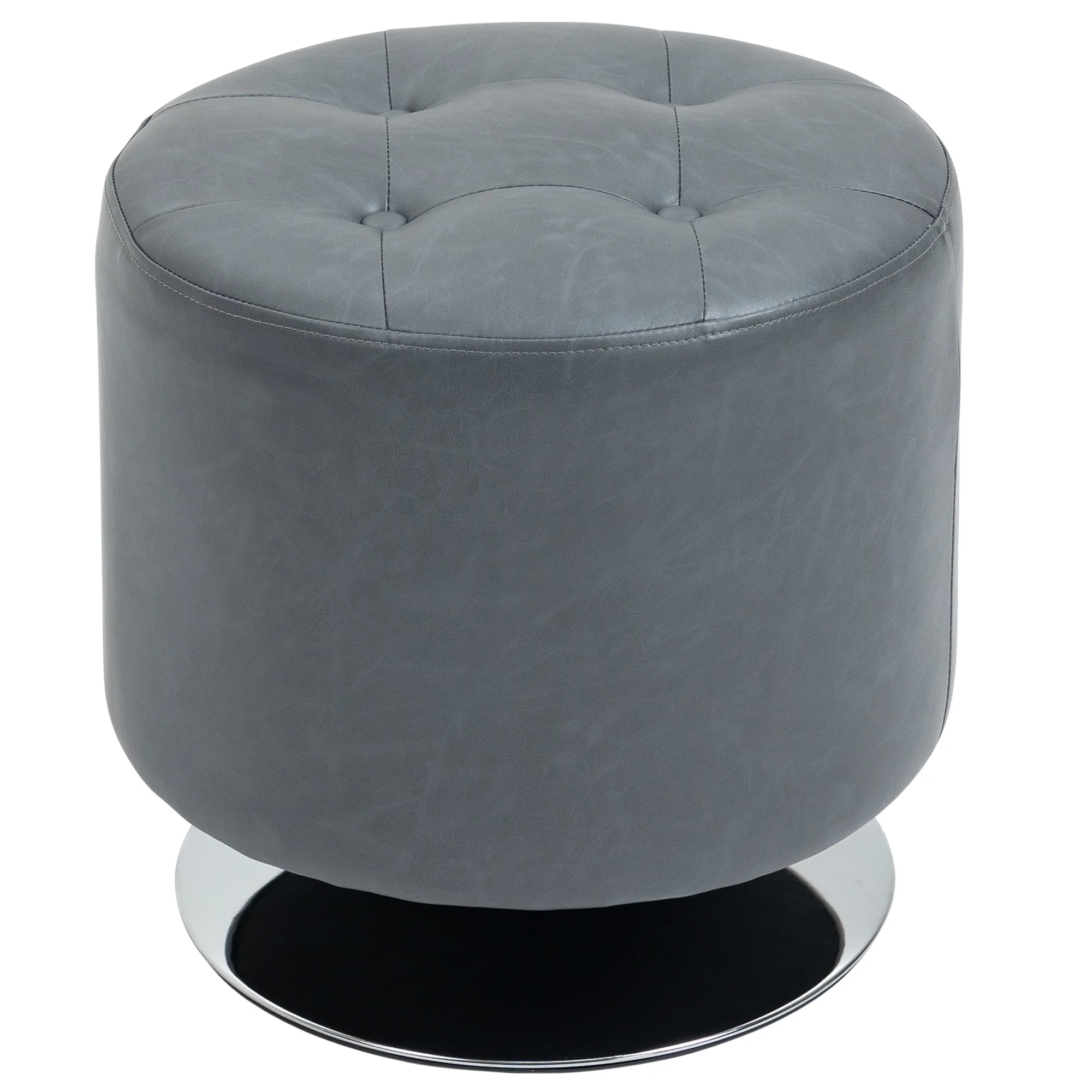 360° Swivel Round PU Ottoman with Thick Sponge Padding and Solid Steel Base, Grey - Image 2