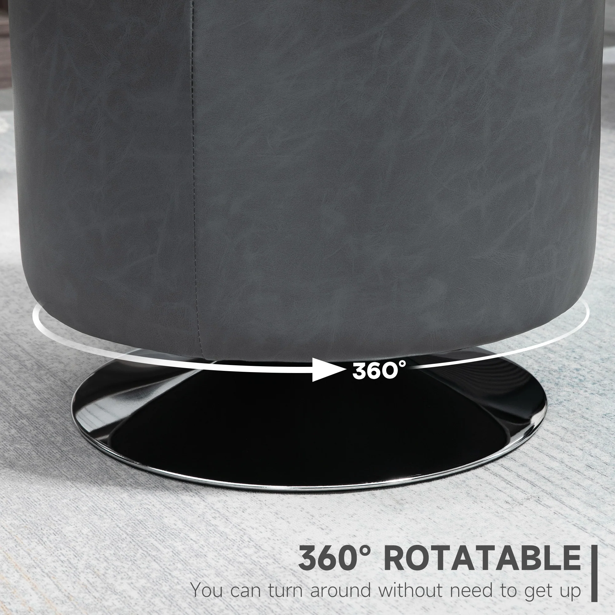 360° Swivel Round PU Ottoman with Thick Sponge Padding and Solid Steel Base, Grey - Image 6