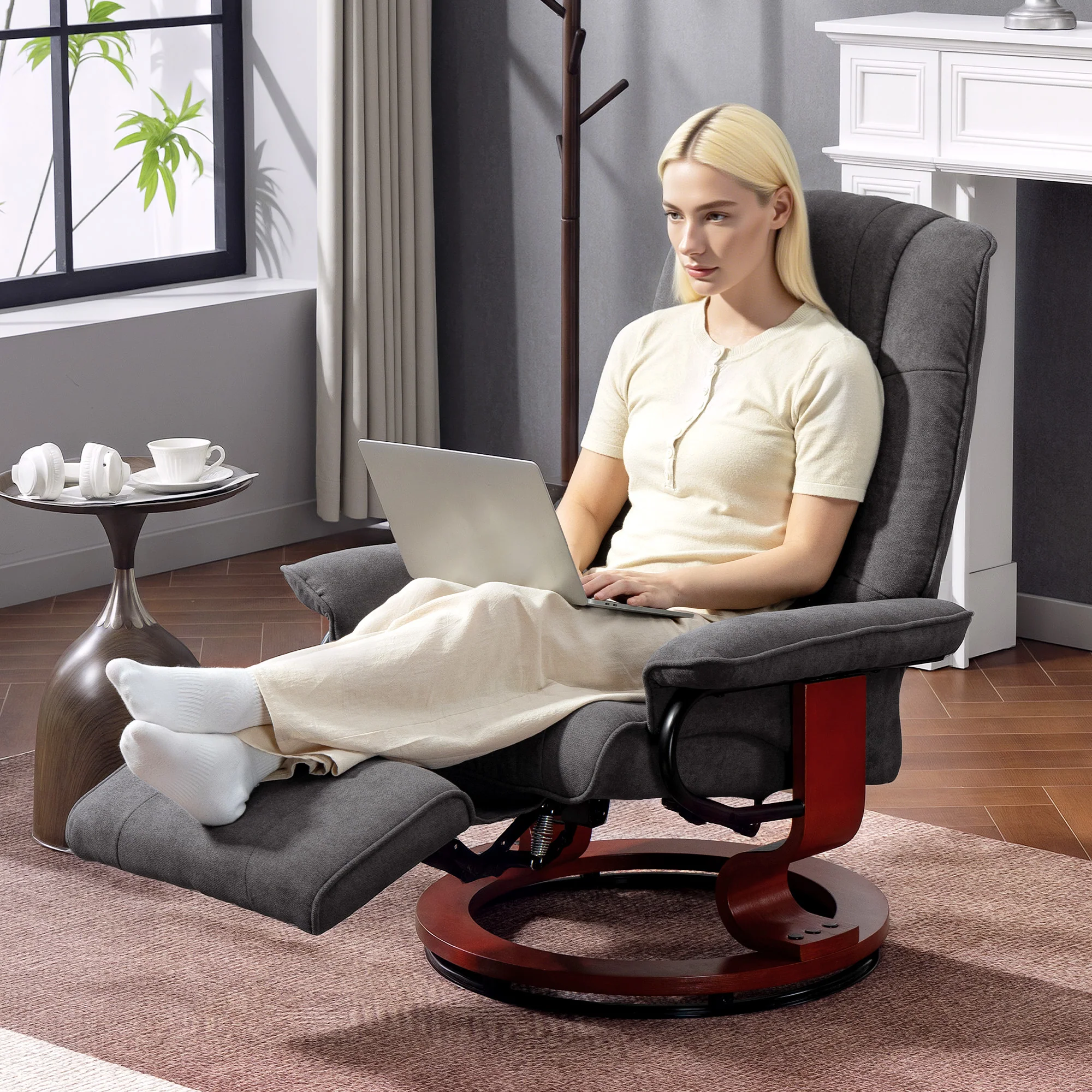 EaseRest Manual Recliner Chair with Linen-Like Upholstered & Wooden Base, Grey - Image 13