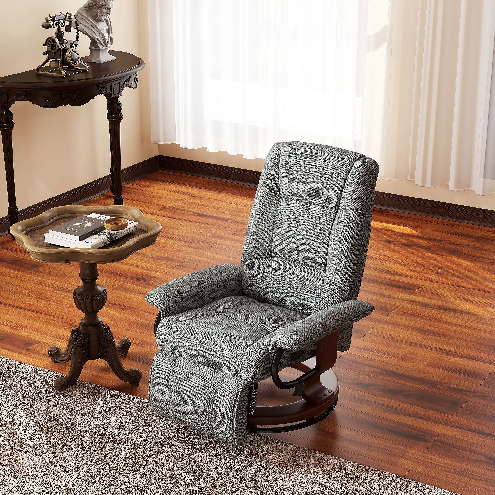 EaseRest Manual Recliner Chair with Linen-Like Upholstered & Wooden Base, Grey - Image 3