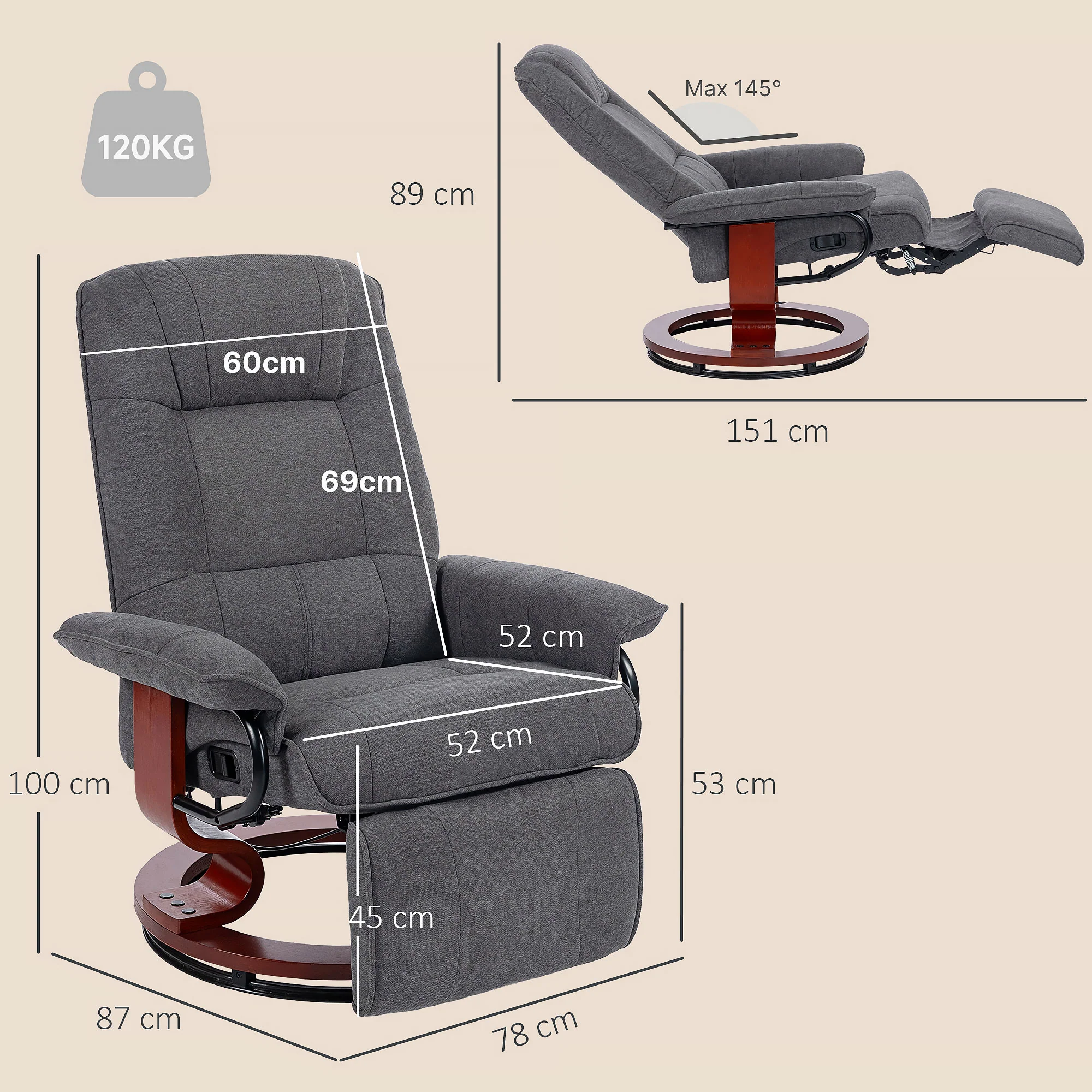 EaseRest Manual Recliner Chair with Linen-Like Upholstered & Wooden Base, Grey - Image 4