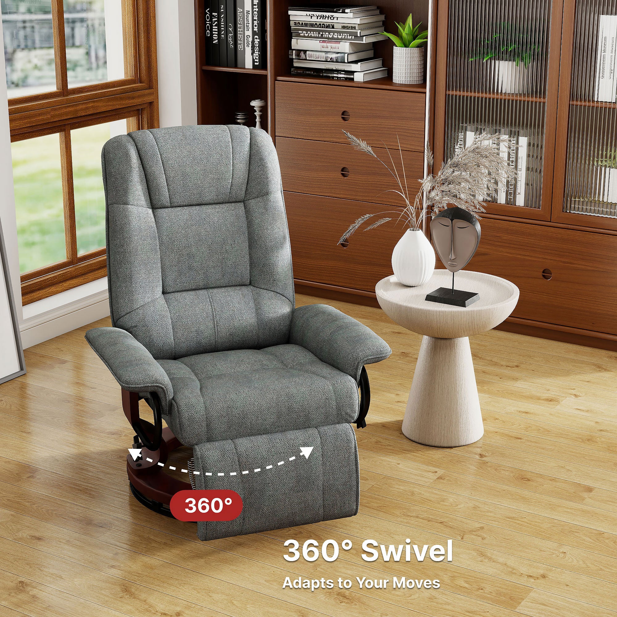 EaseRest Manual Recliner Chair with Linen-Like Upholstered & Wooden Base, Grey - Image 5