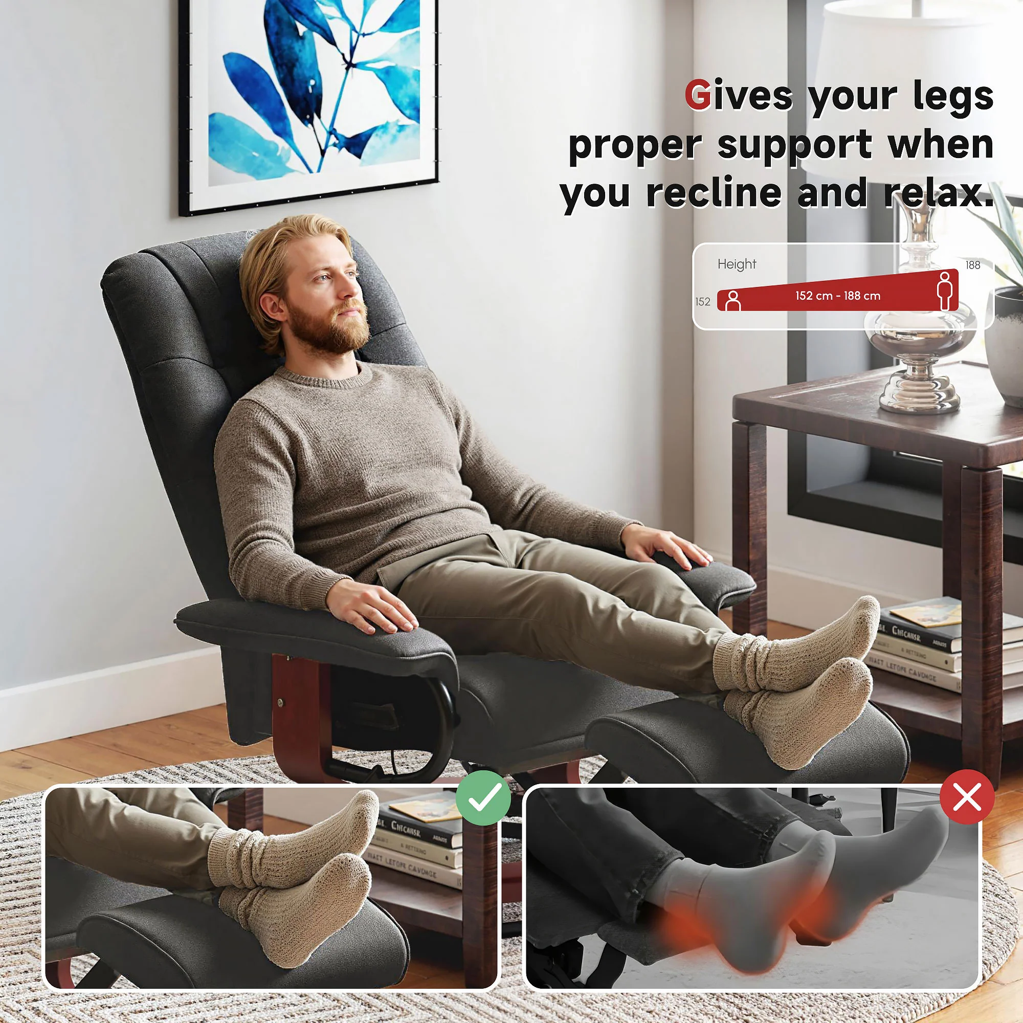 EaseRest Manual Recliner Chair with Linen-Like Upholstered & Wooden Base, Grey - Image 7