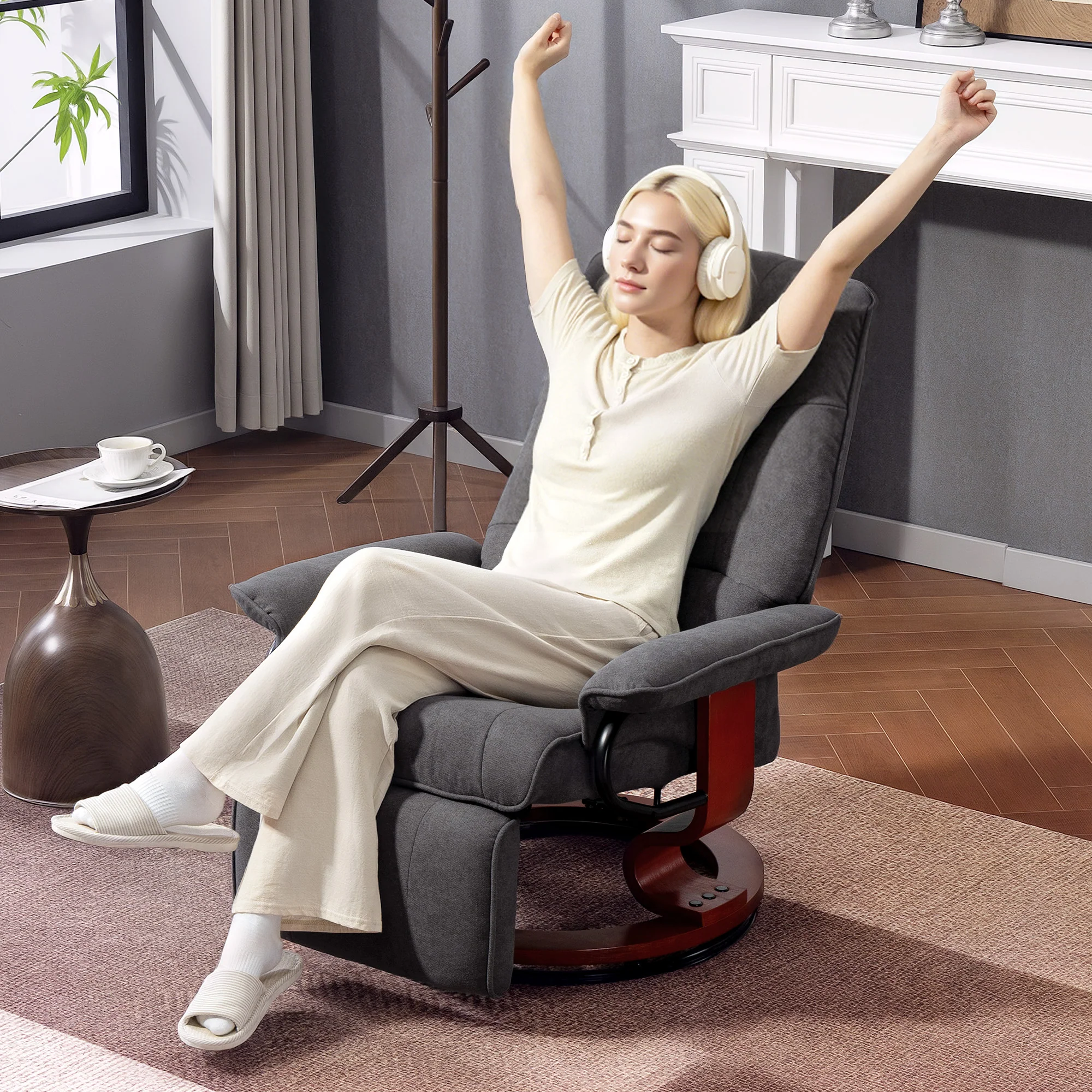 EaseRest Manual Recliner Chair with Linen-Like Upholstered & Wooden Base, Grey - Image 9