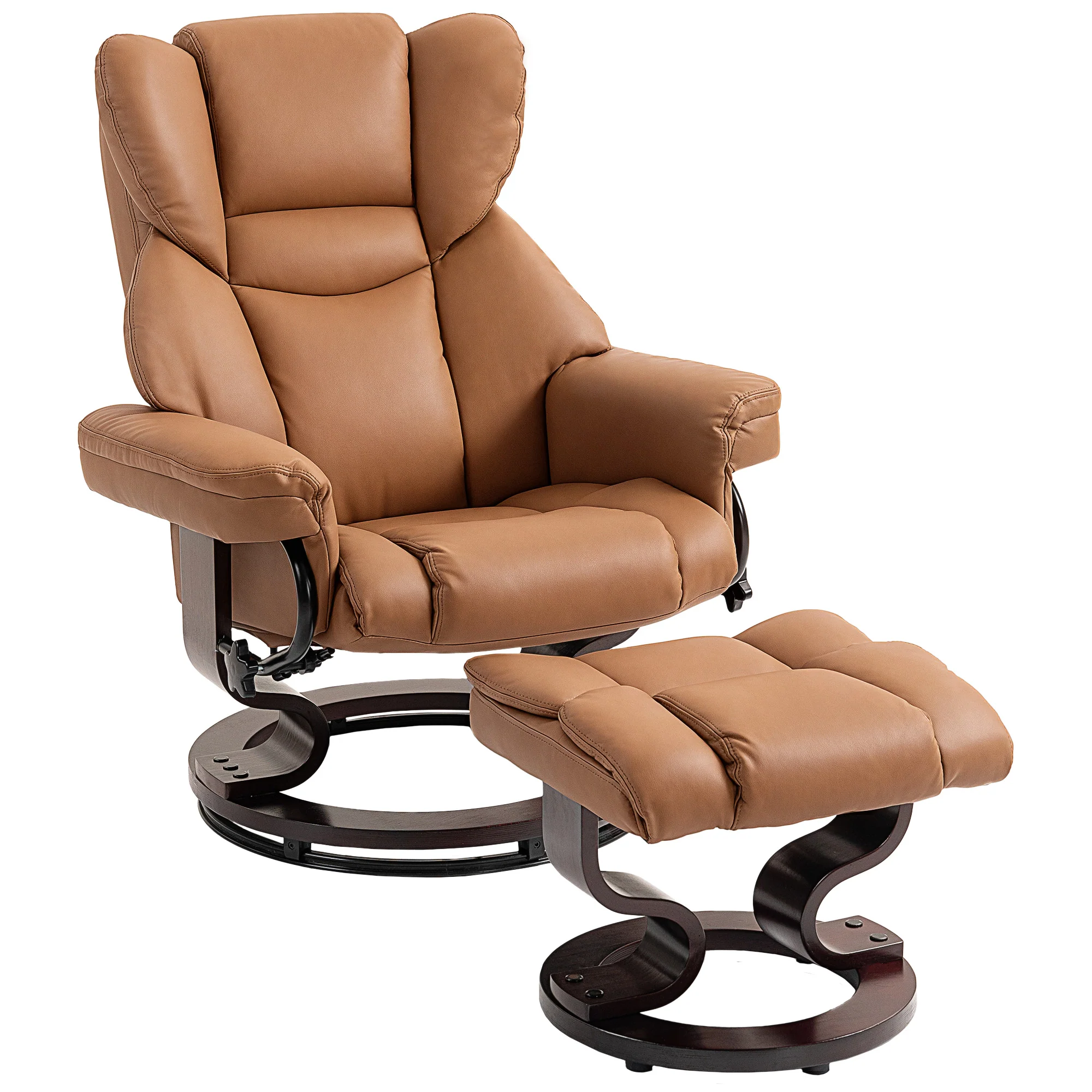 Faux Leather Reclining Chair and Footstool, 360° Swivel Recliners with Solid Base, Brown