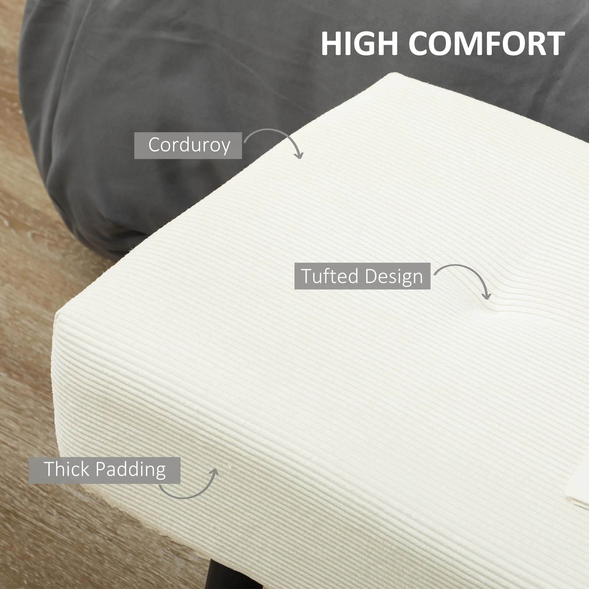 39" Corduroy Tufted Bench with Padded Seat & Steel Legs, Modern End of Bed Bench, Cream White - Image 6