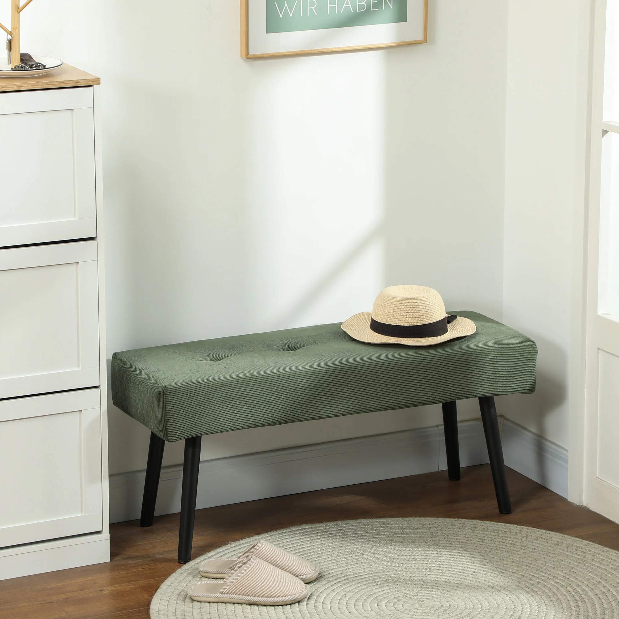 39" Corduroy Tufted Bench with Padded Seat & Steel Legs, Modern End of Bed Bench, Green - Image 3