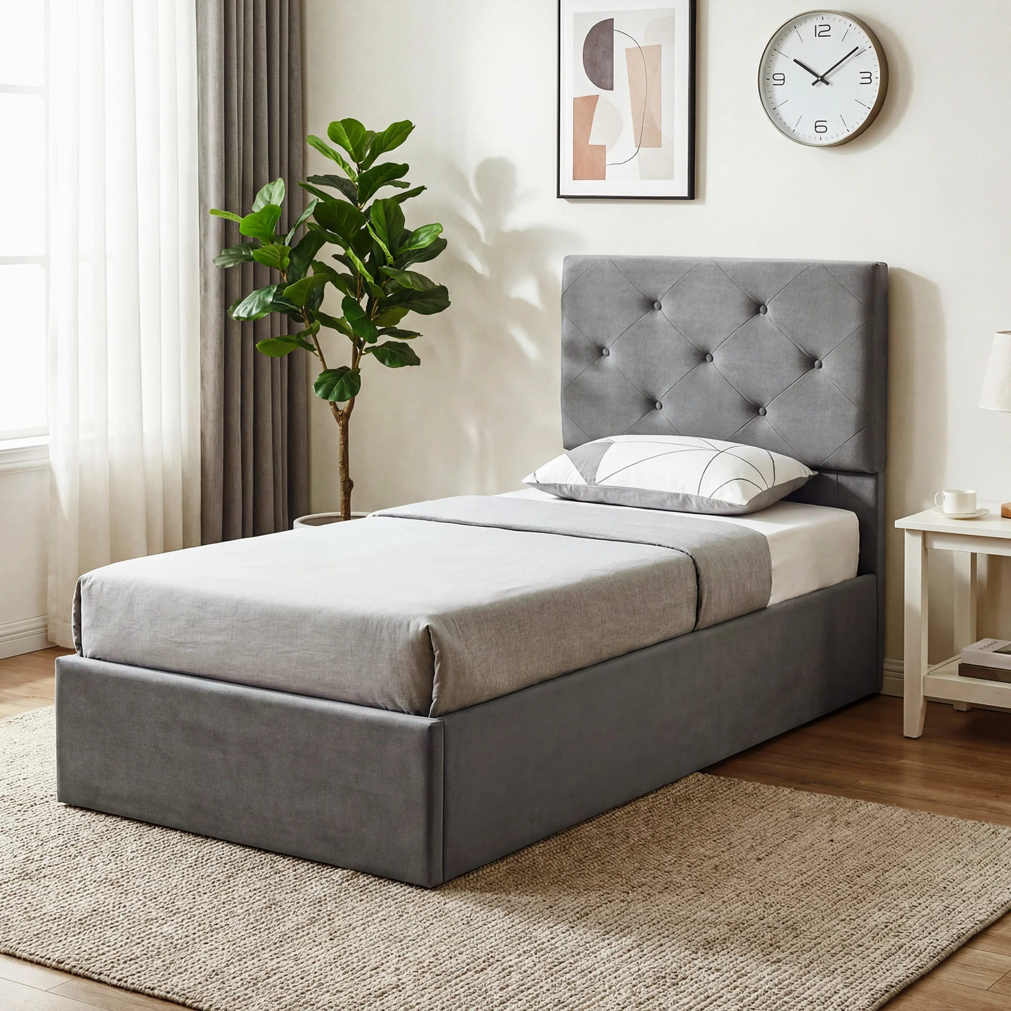 3FT Single Bed Frame for 90 x 190 cm Mattress, Upholstered Platform Bed Frame with Tufted Headboard, Gas Lift Up Storage, Mattress Foundation, Dark Grey - Image 10