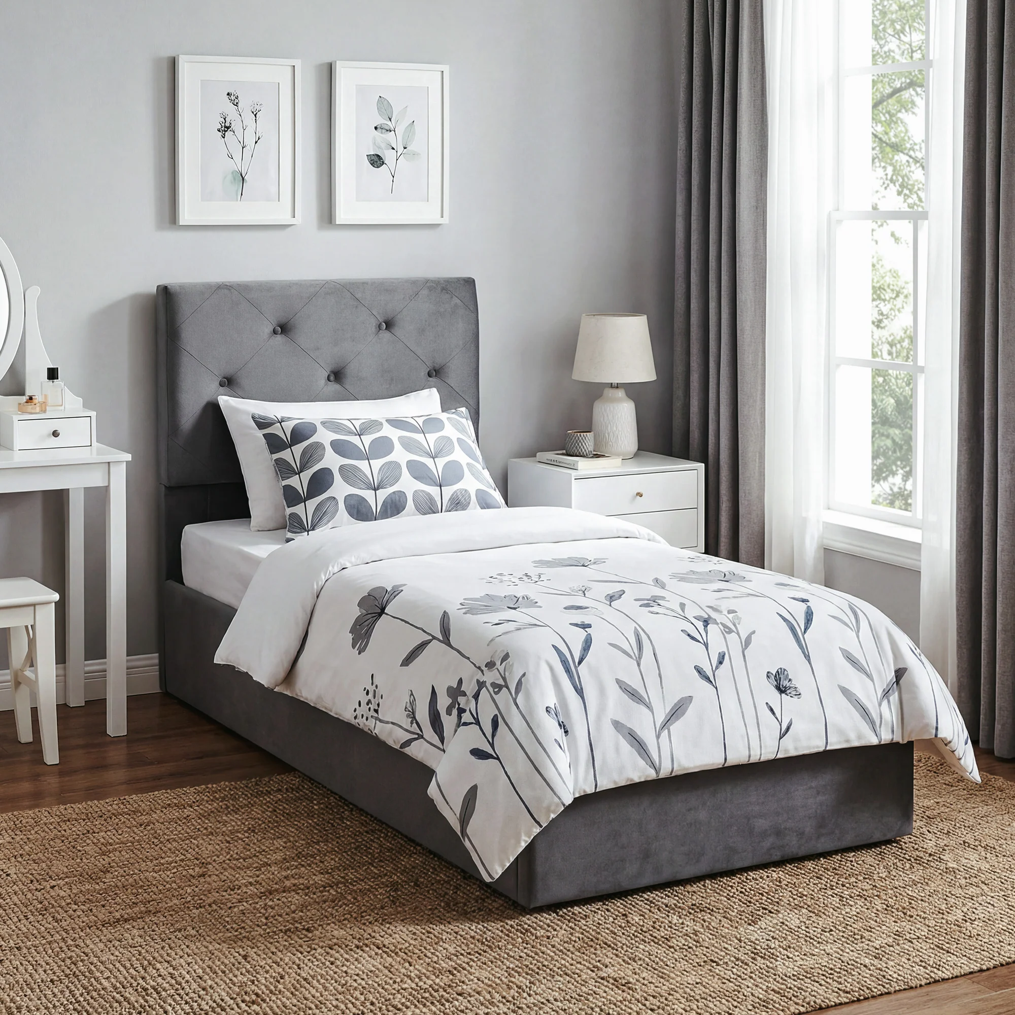 3FT Single Bed Frame for 90 x 190 cm Mattress, Upholstered Platform Bed Frame with Tufted Headboard, Gas Lift Up Storage, Mattress Foundation, Dark Grey - Image 4
