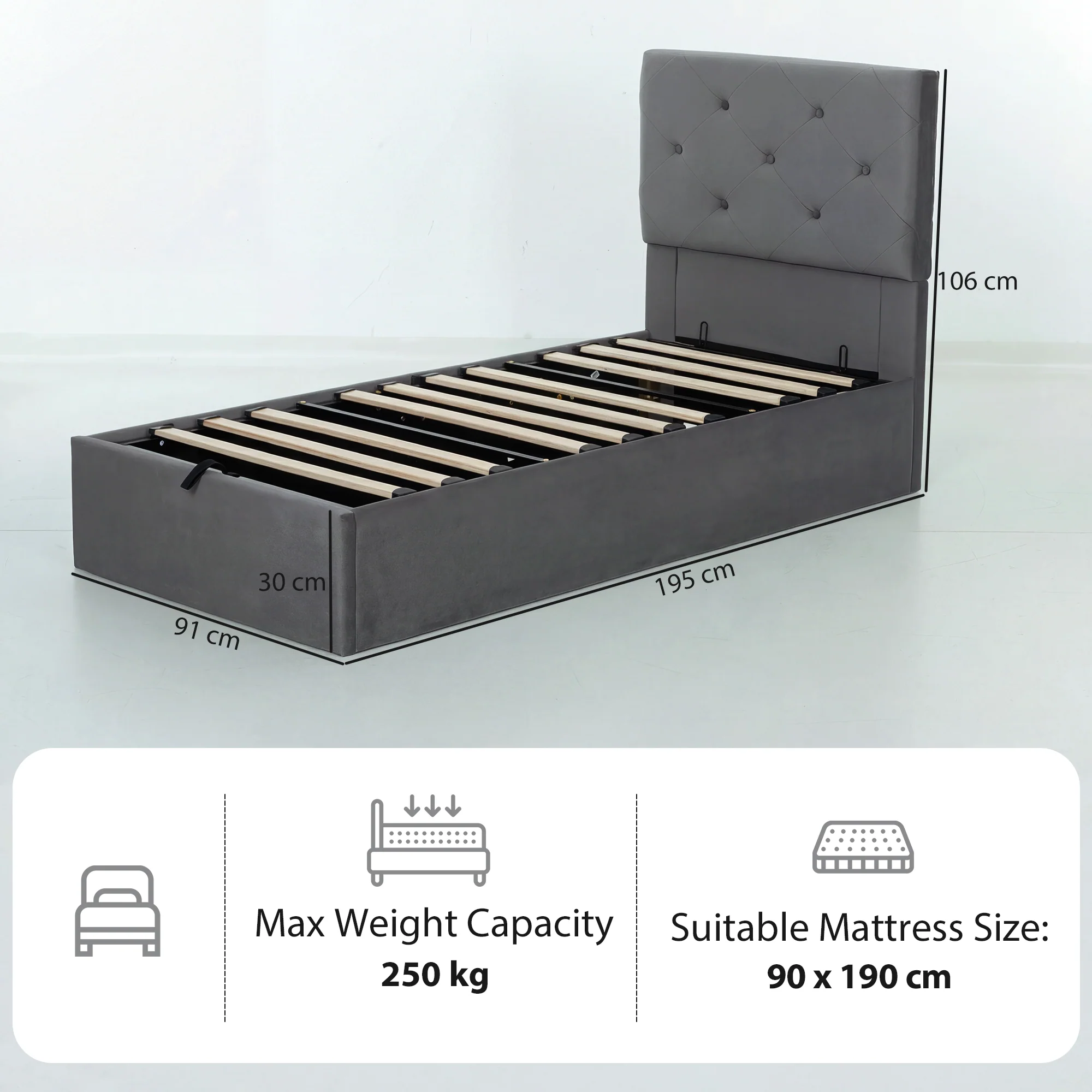 3FT Single Bed Frame for 90 x 190 cm Mattress, Upholstered Platform Bed Frame with Tufted Headboard, Gas Lift Up Storage, Mattress Foundation, Dark Grey - Image 5