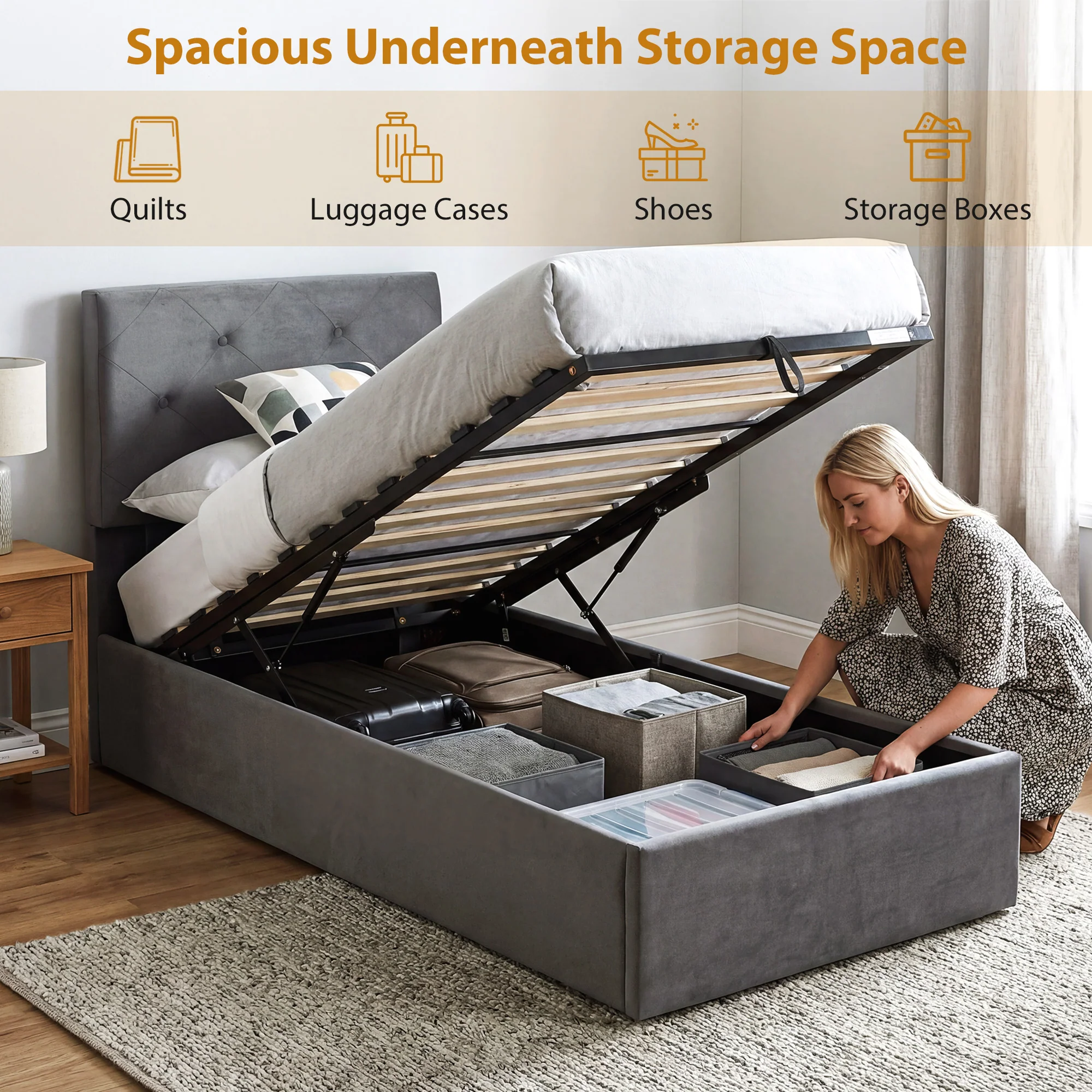 3FT Single Bed Frame for 90 x 190 cm Mattress, Upholstered Platform Bed Frame with Tufted Headboard, Gas Lift Up Storage, Mattress Foundation, Dark Grey - Image 6