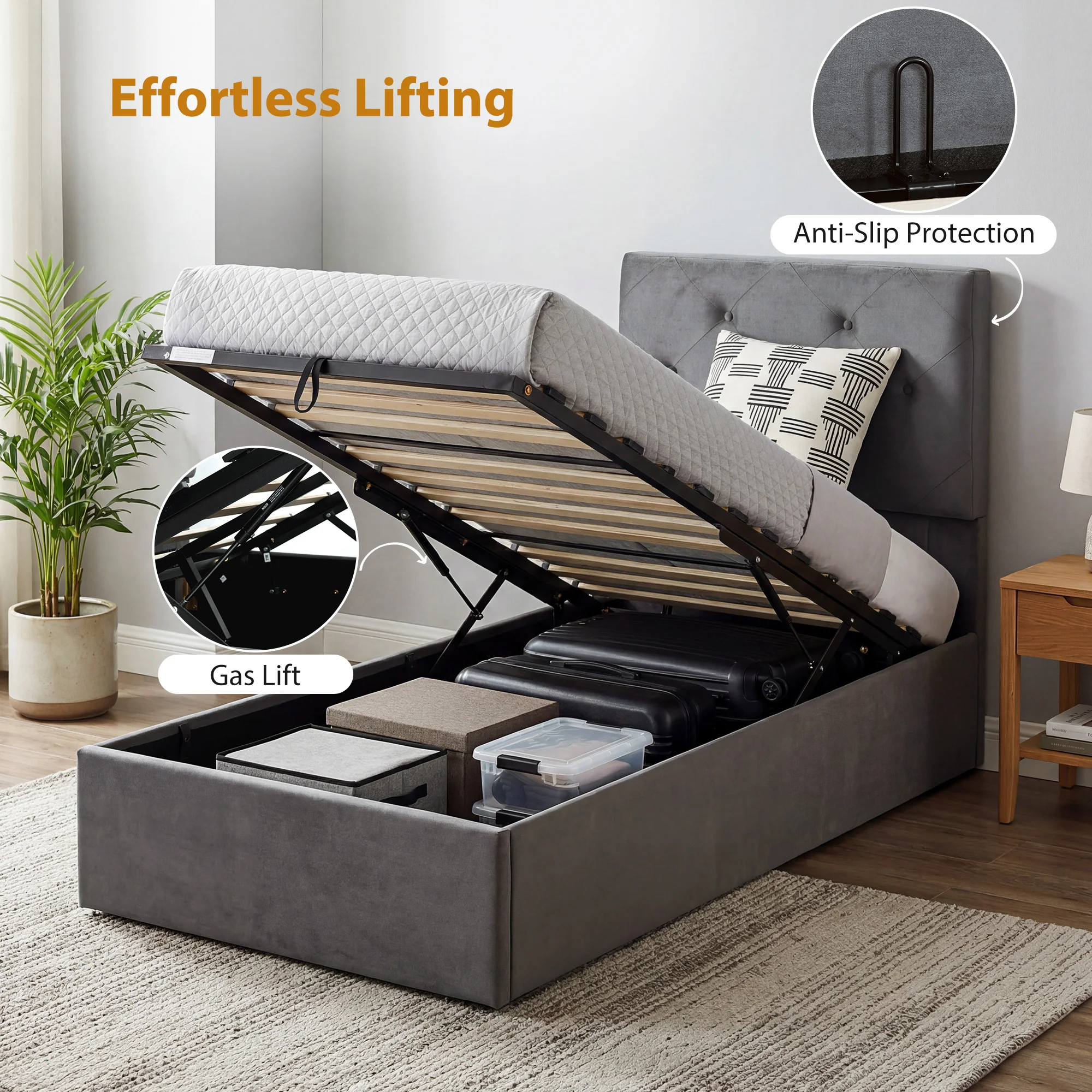 3FT Single Bed Frame for 90 x 190 cm Mattress, Upholstered Platform Bed Frame with Tufted Headboard, Gas Lift Up Storage, Mattress Foundation, Dark Grey - Image 7