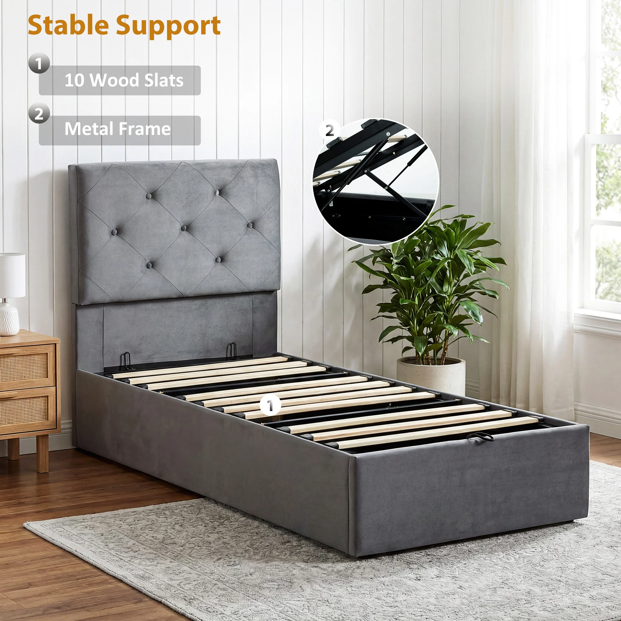 3FT Single Bed Frame for 90 x 190 cm Mattress, Upholstered Platform Bed Frame with Tufted Headboard, Gas Lift Up Storage, Mattress Foundation, Dark Grey - Image 9