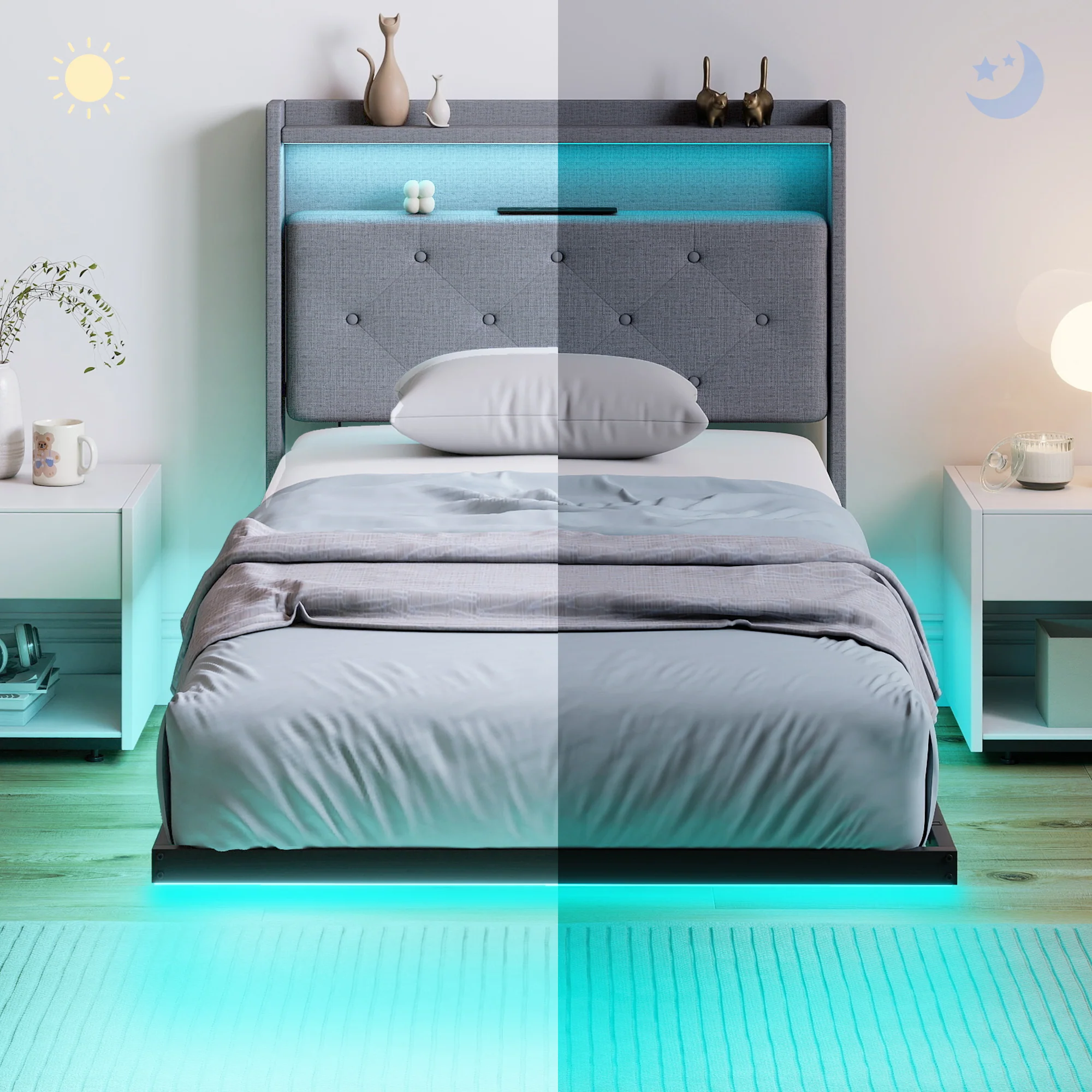 3ft Single Size Bed Frame with Music Sync RGB LED Lights and Charging Station, Grey - Image 11